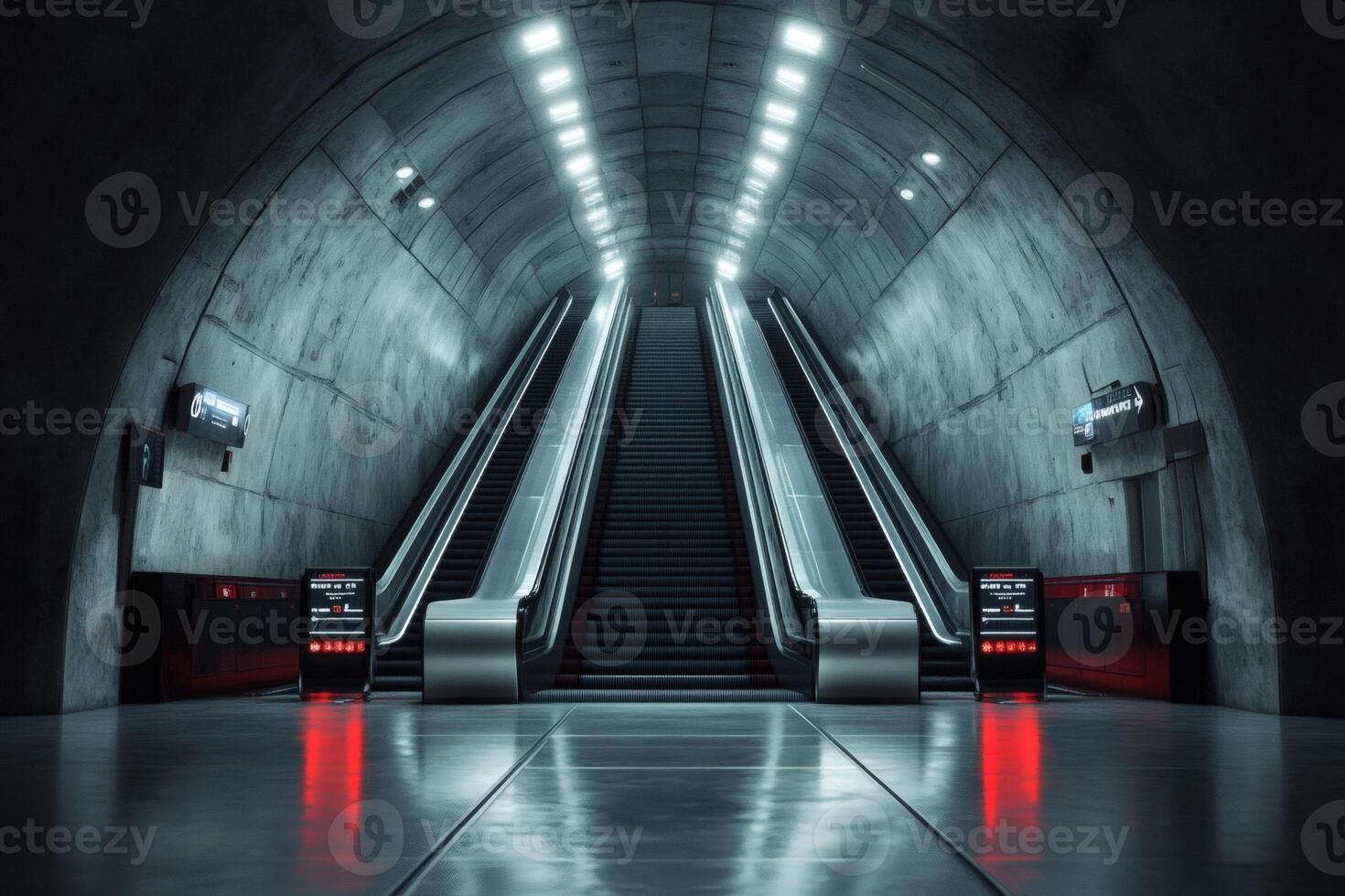 Underground escalators lead to a mysterious journey in a modern subway station. photo