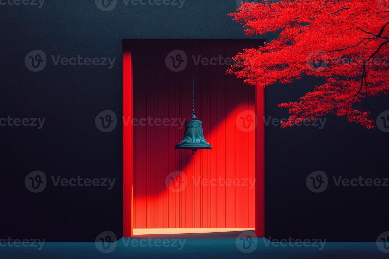 Vibrant red entrance with bell and autumn foliage in a tranquil setting. photo