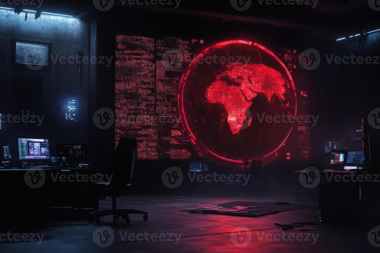 Futuristic control room showcasing a glowing red world map and advanced technology. photo