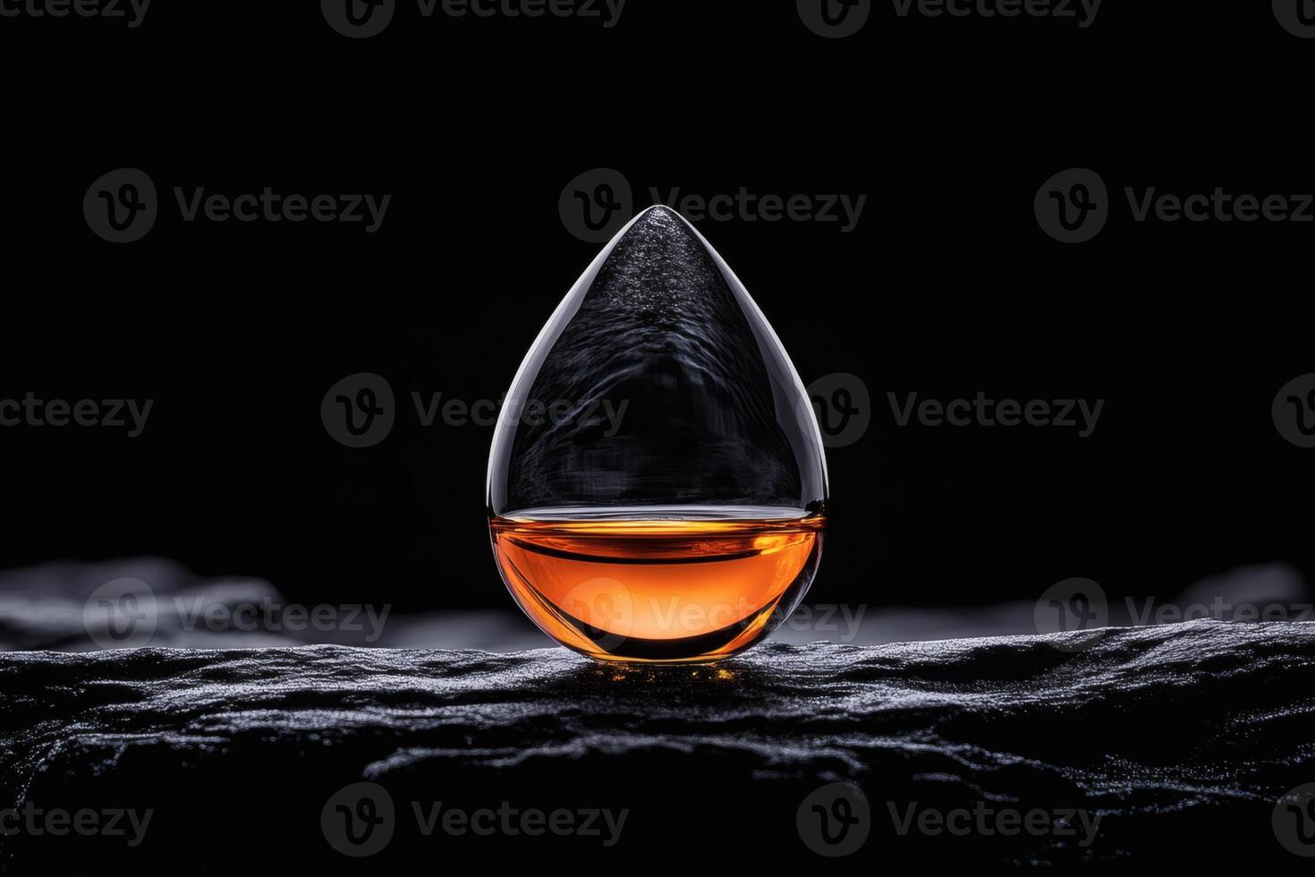 Elegant glass droplet showcasing amber liquid against a dark backdrop. photo