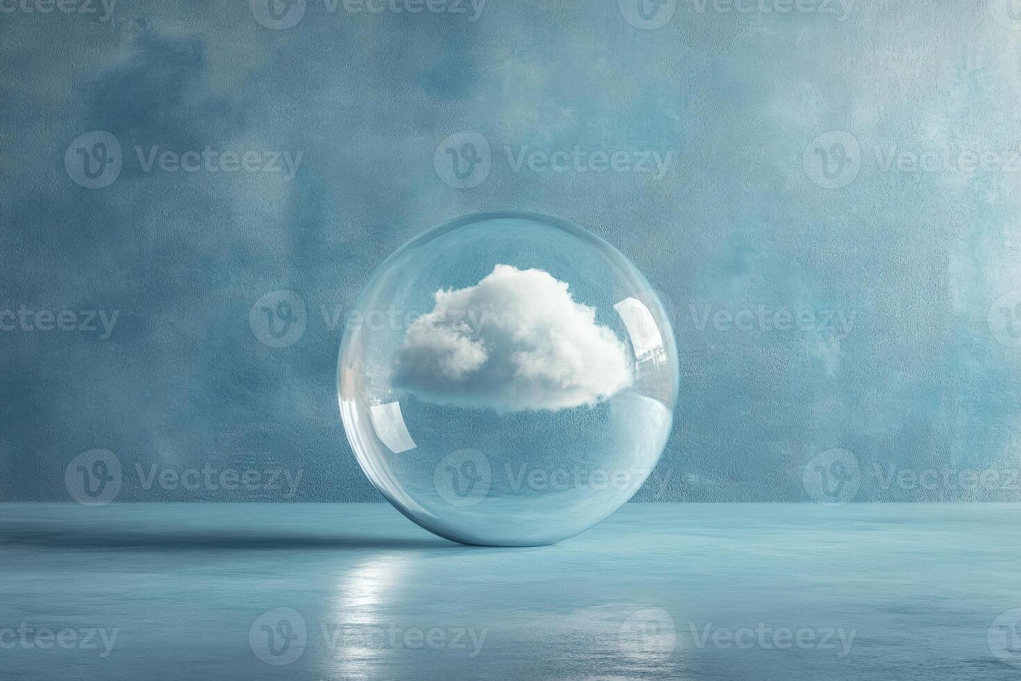 Unique glass orb captures a fluffy cloud against a serene blue backdrop. photo