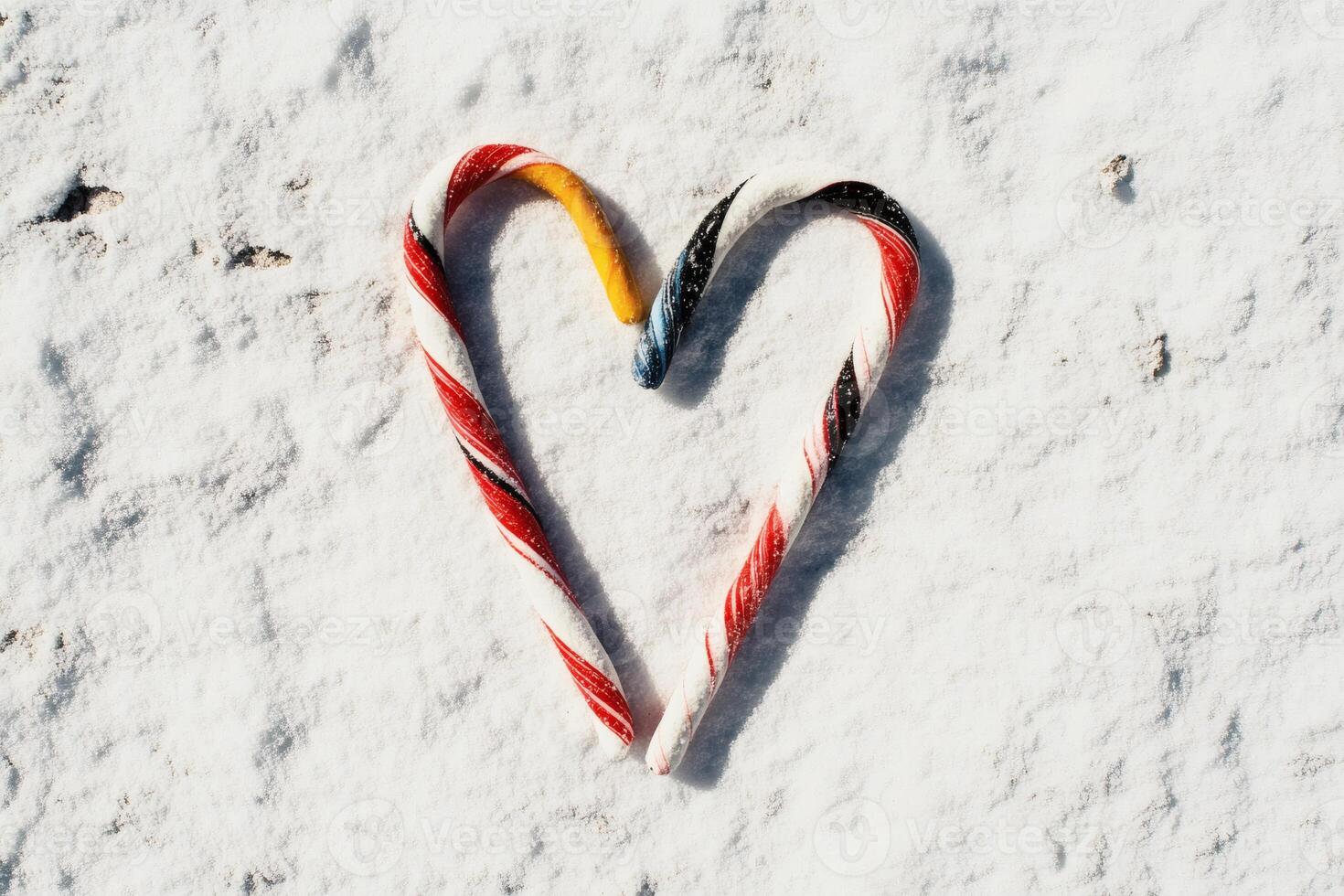 Candy canes arranged in a heart shape on a snowy surface during winter celebrations. photo