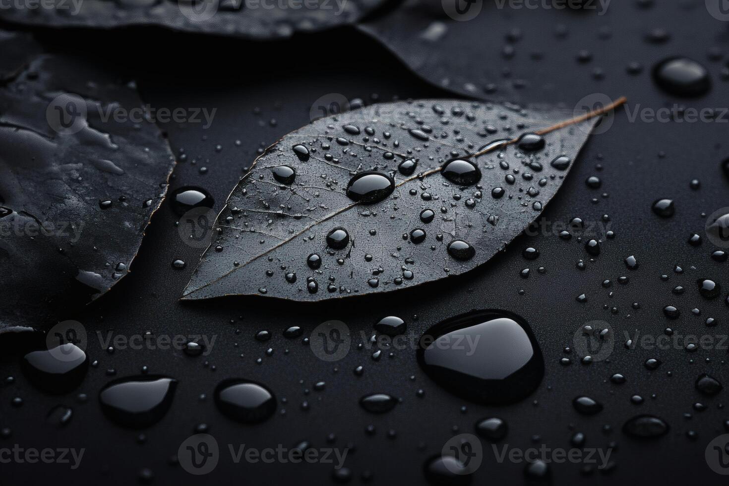 Dew droplets glisten on dark leaves in a serene indoor setting. photo