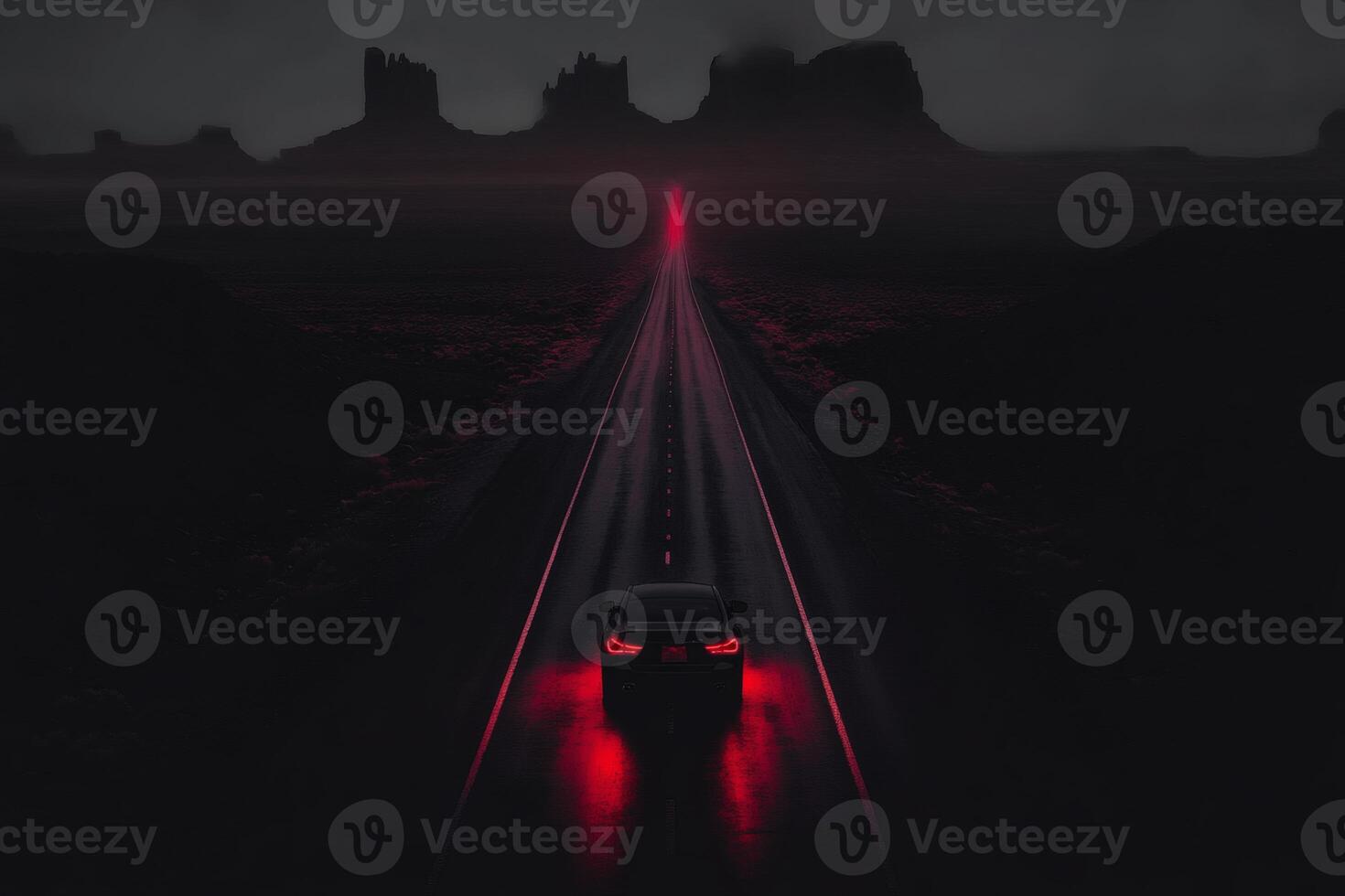Nighttime journey through a mysterious desert landscape at dusk. photo