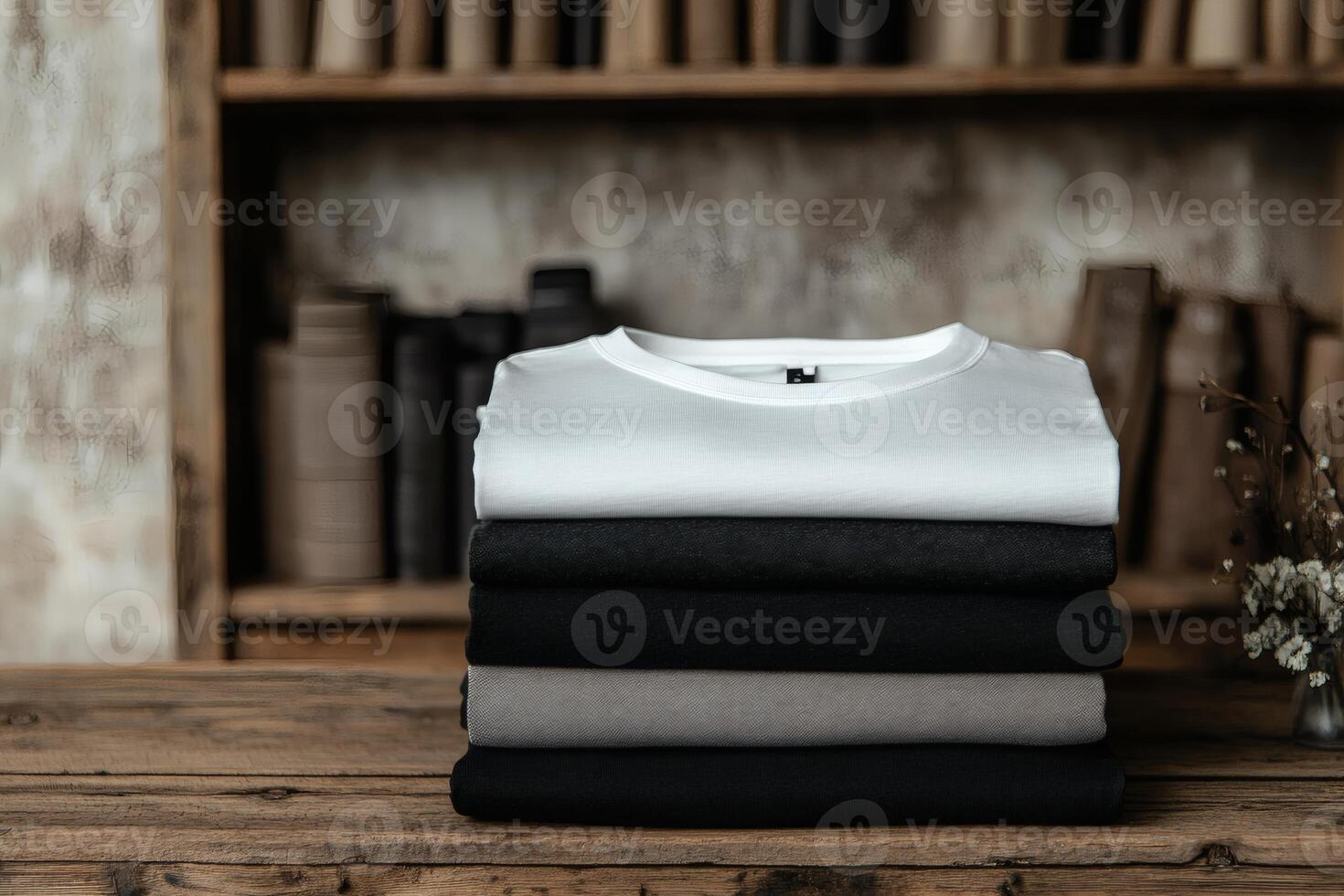 Stack of neatly folded shirts in a cozy, rustic setting with shelves behind. photo