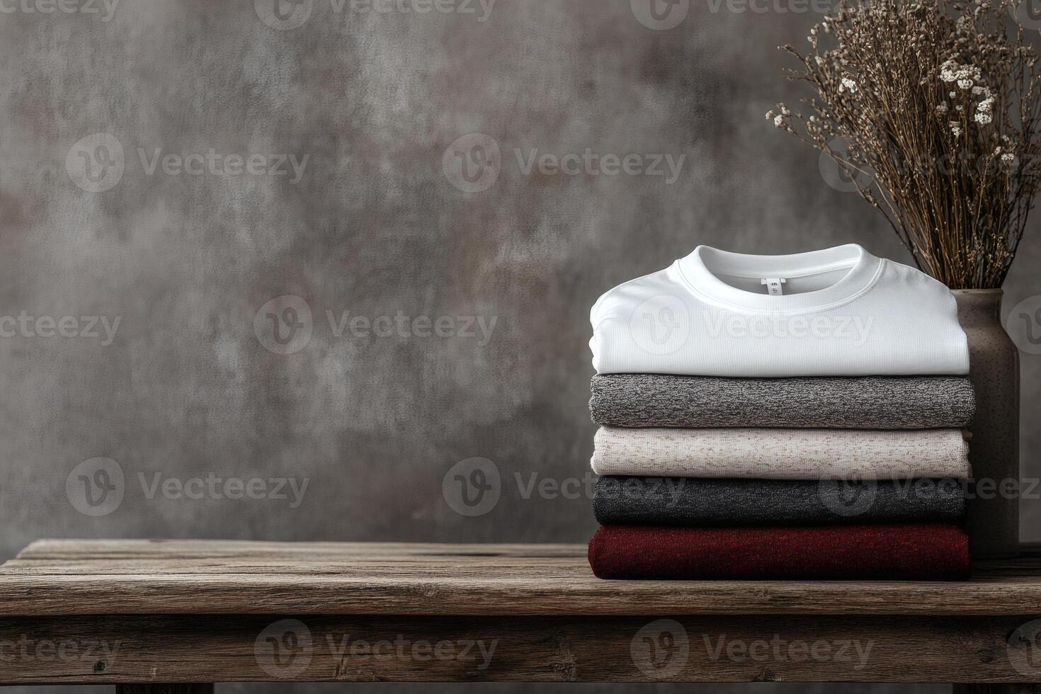 Soft textures and warm hues create a cozy display of folded sweaters on rustic table. photo