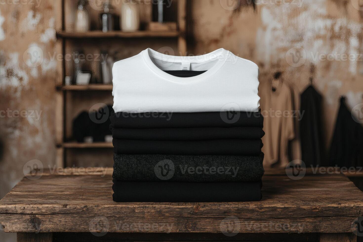 Stylish stack of minimalist clothing in a rustic shop setting. photo
