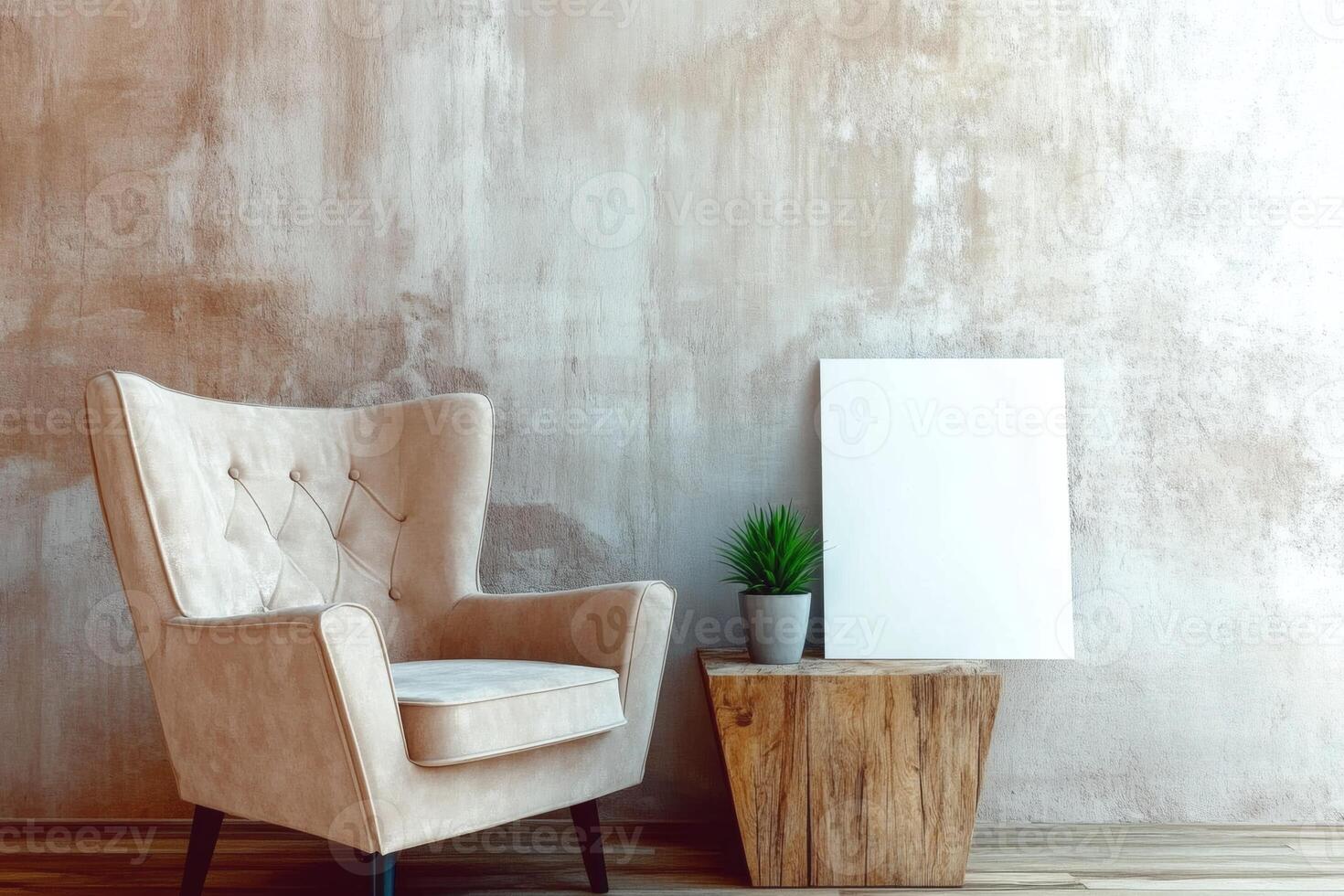 Cozy corner featuring a modern chair and a blank canvas by the wall. photo