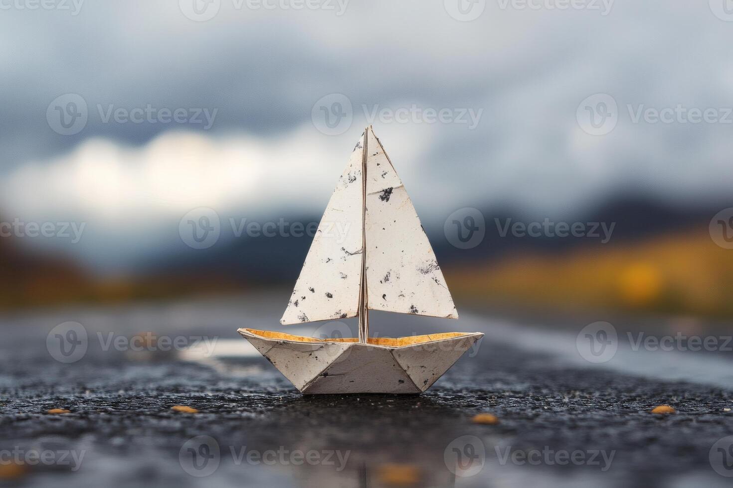 Miniature paper sailboat on a wet road under dramatic clouds at twilight. photo