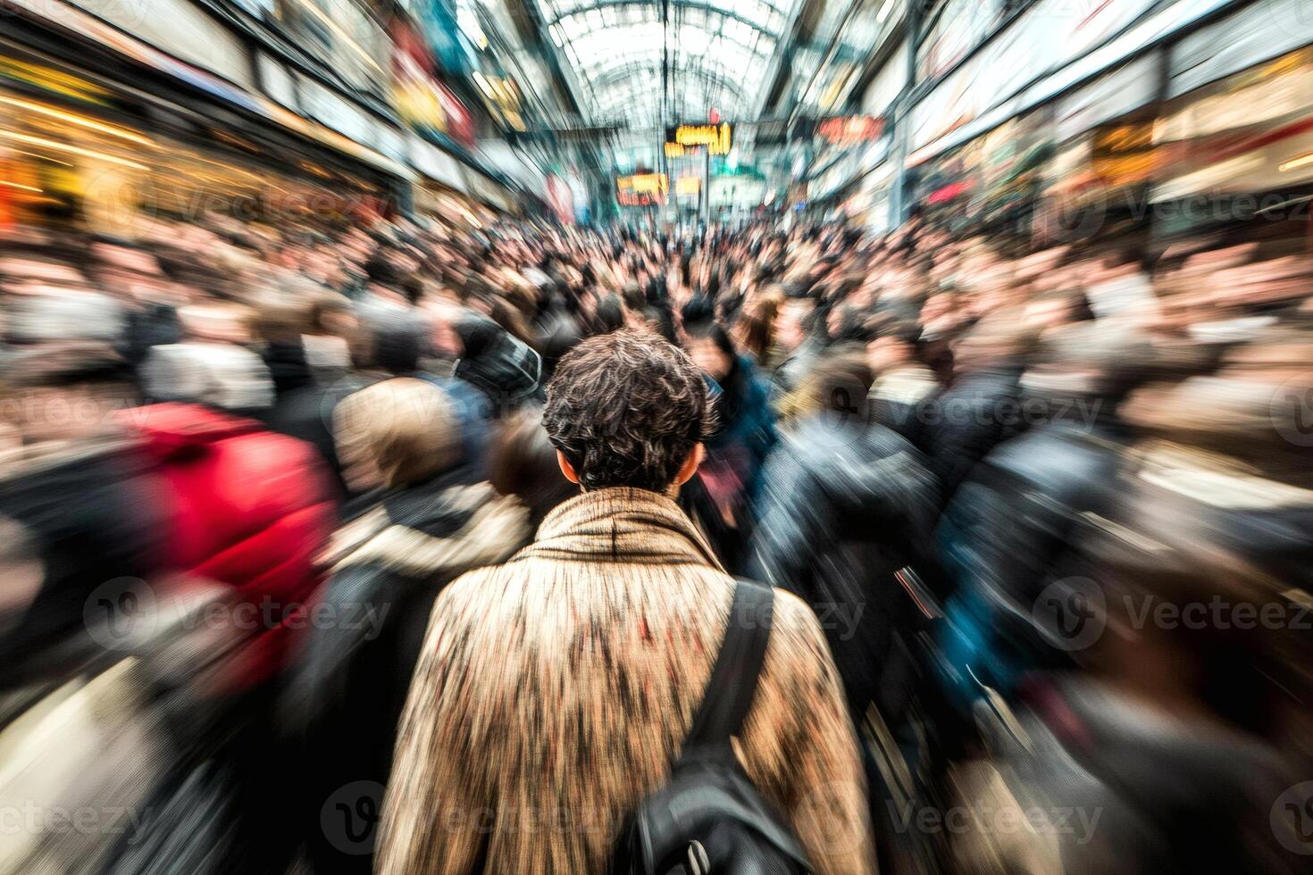 Crowd rushes through bustling market in vibrant urban setting. photo