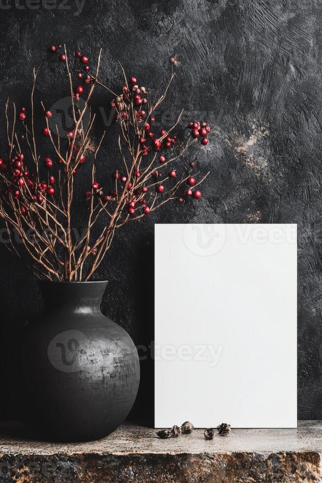 Elegant rustic display featuring black vase and blank canvas with red berries. photo