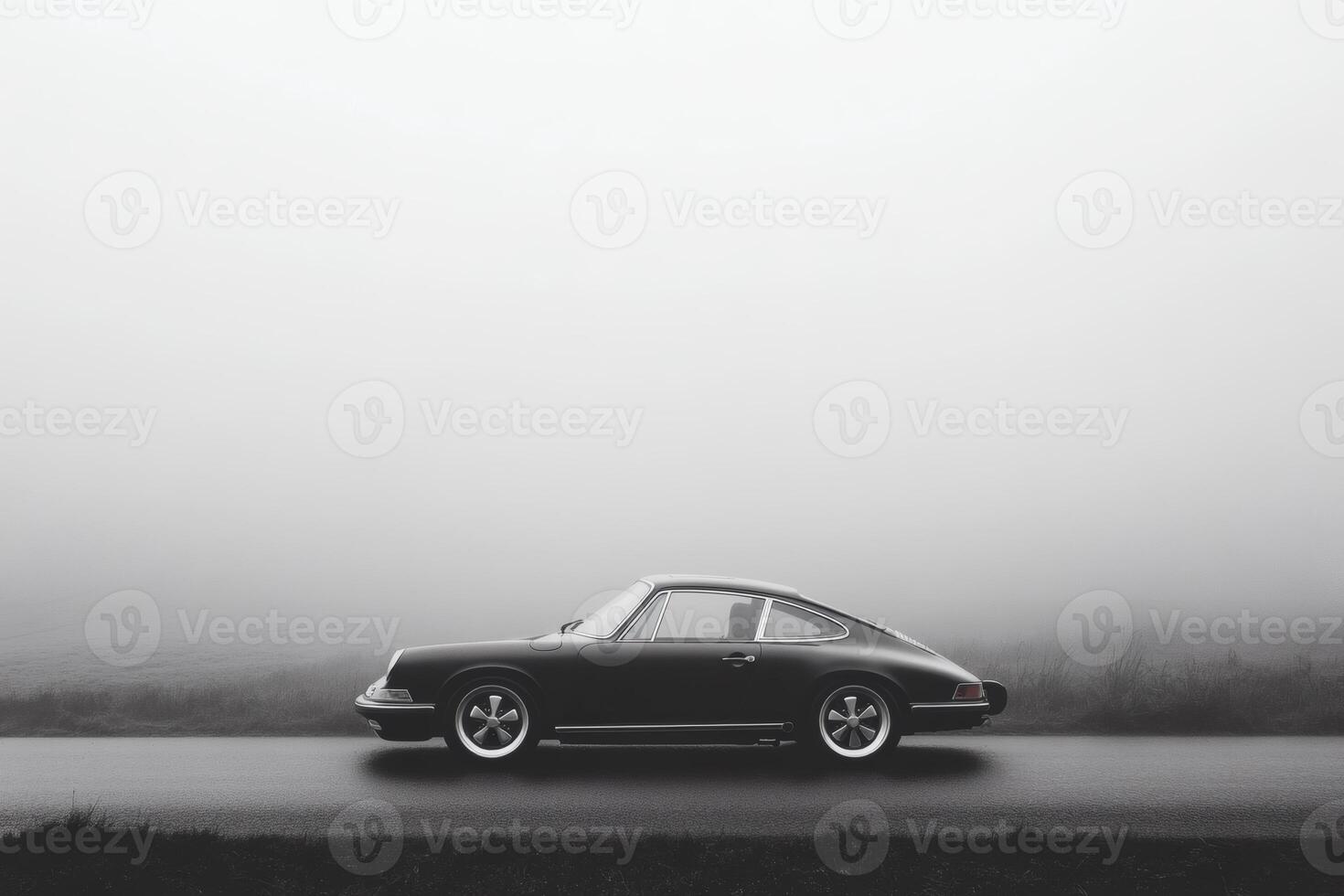 Classic sports car stands alone on a misty road in a serene landscape. photo