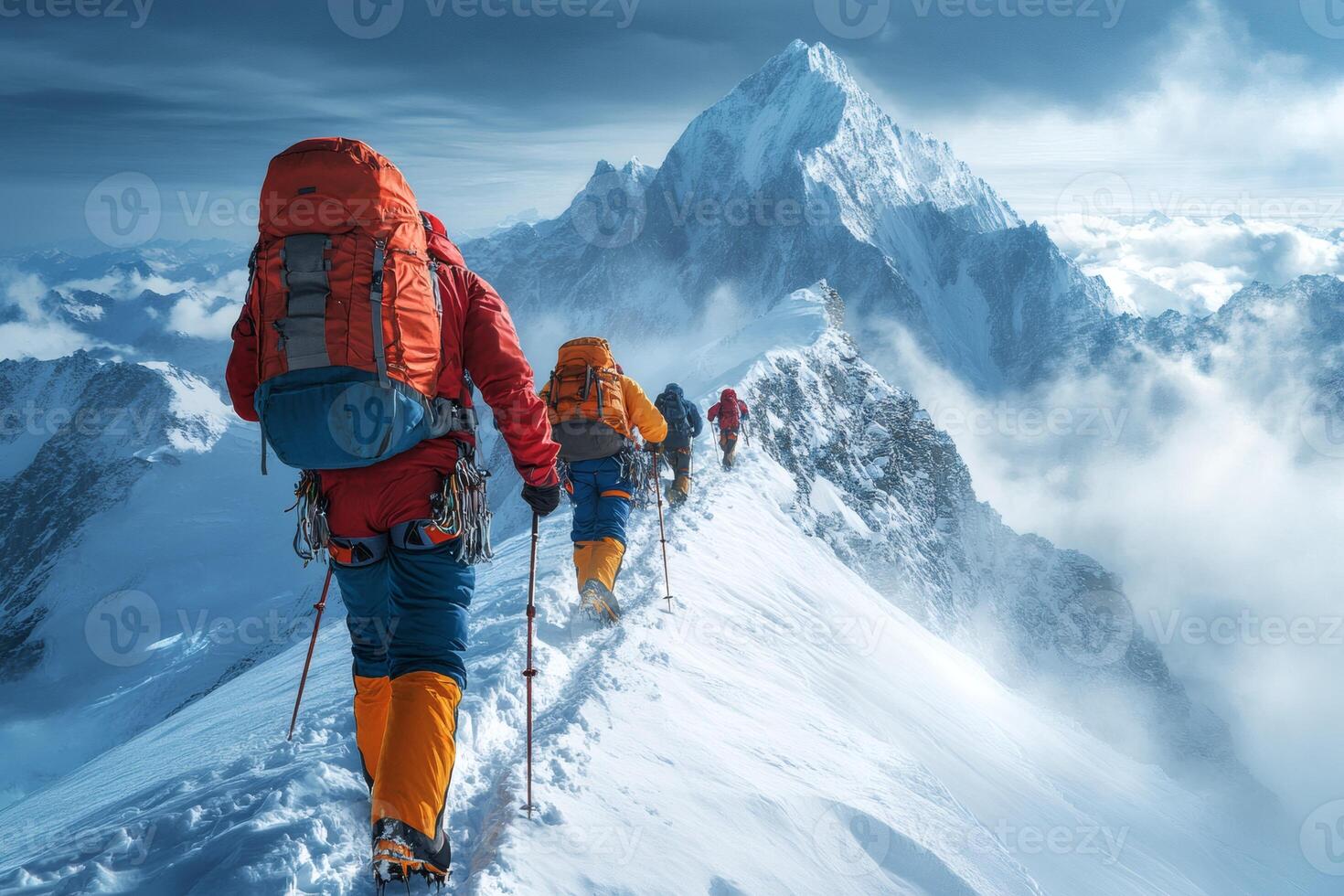 Adventurers ascend a majestic snow-covered mountain at dawn amidst clouds. photo