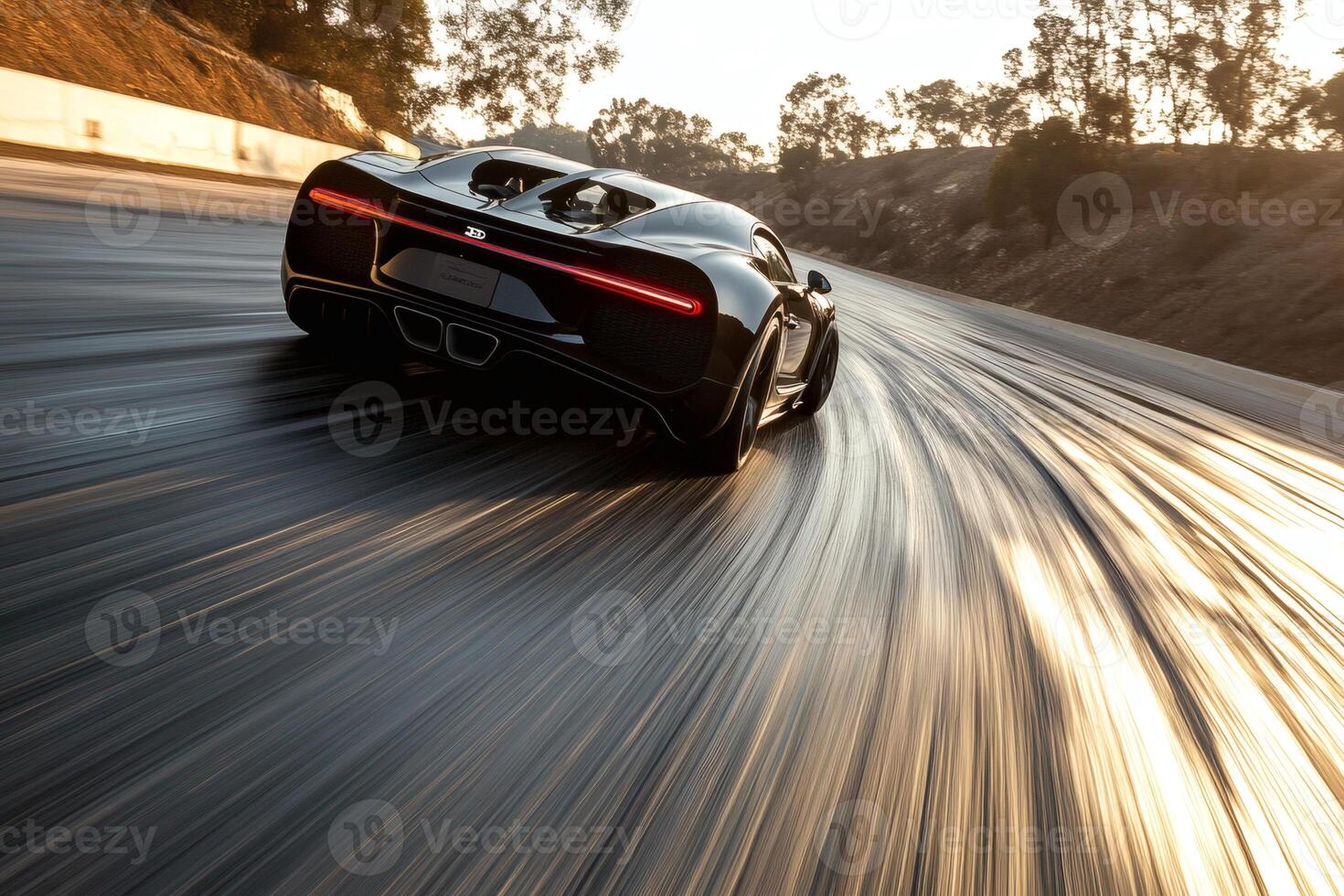Sleek black sports car speeding through a winding road at sunset. photo