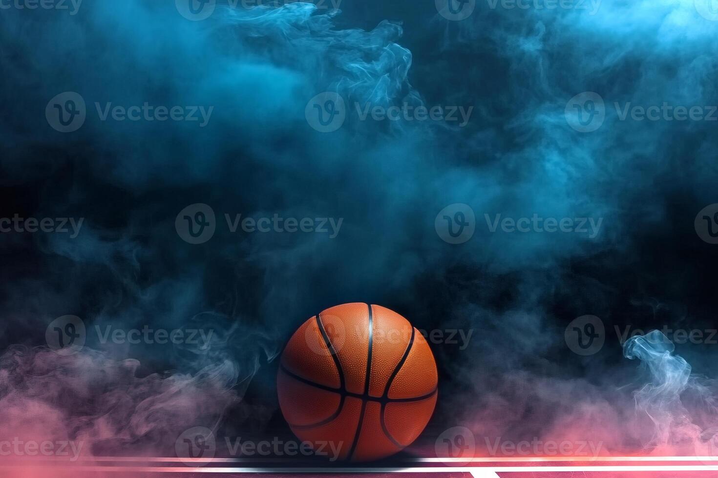 Basketball surrounded by colorful mist on a dimly lit court at night. photo