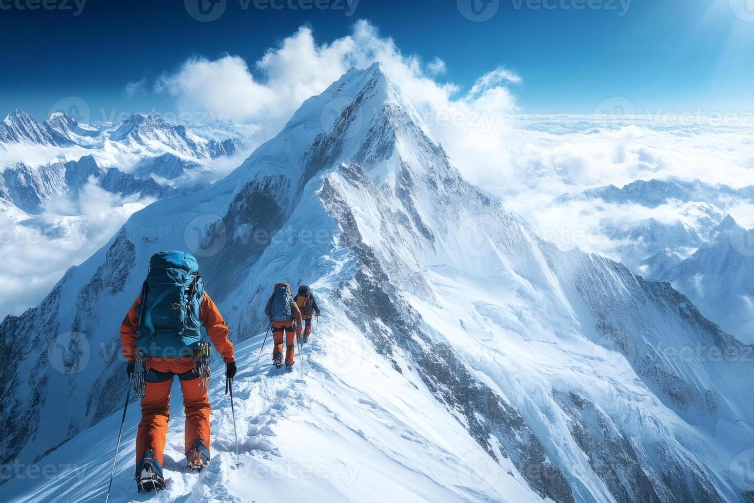Climbers ascend a majestic snowy peak under a brilliant blue sky. photo