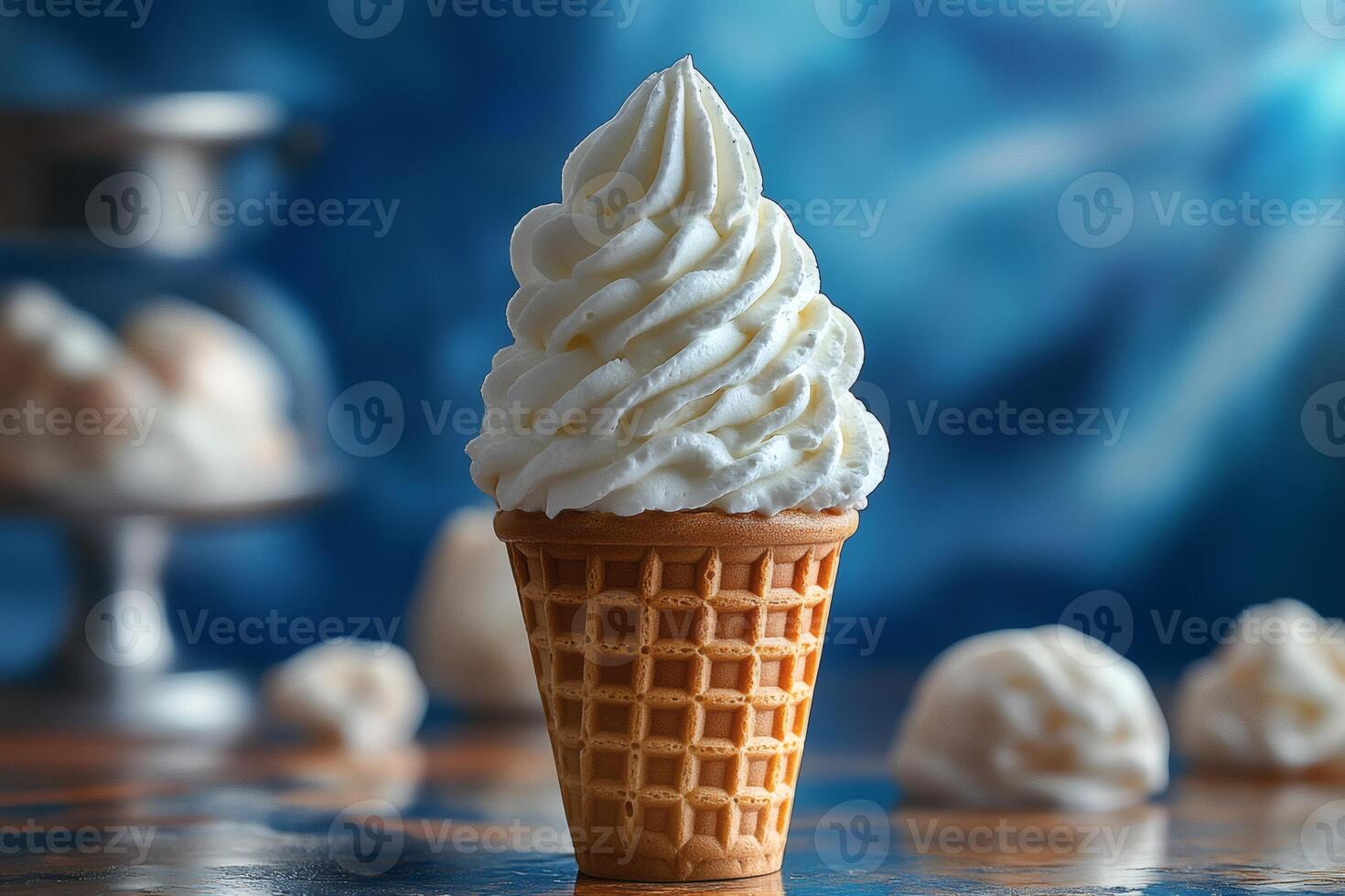 Creamy dessert delight in a classic waffle cone at a summer fair. photo