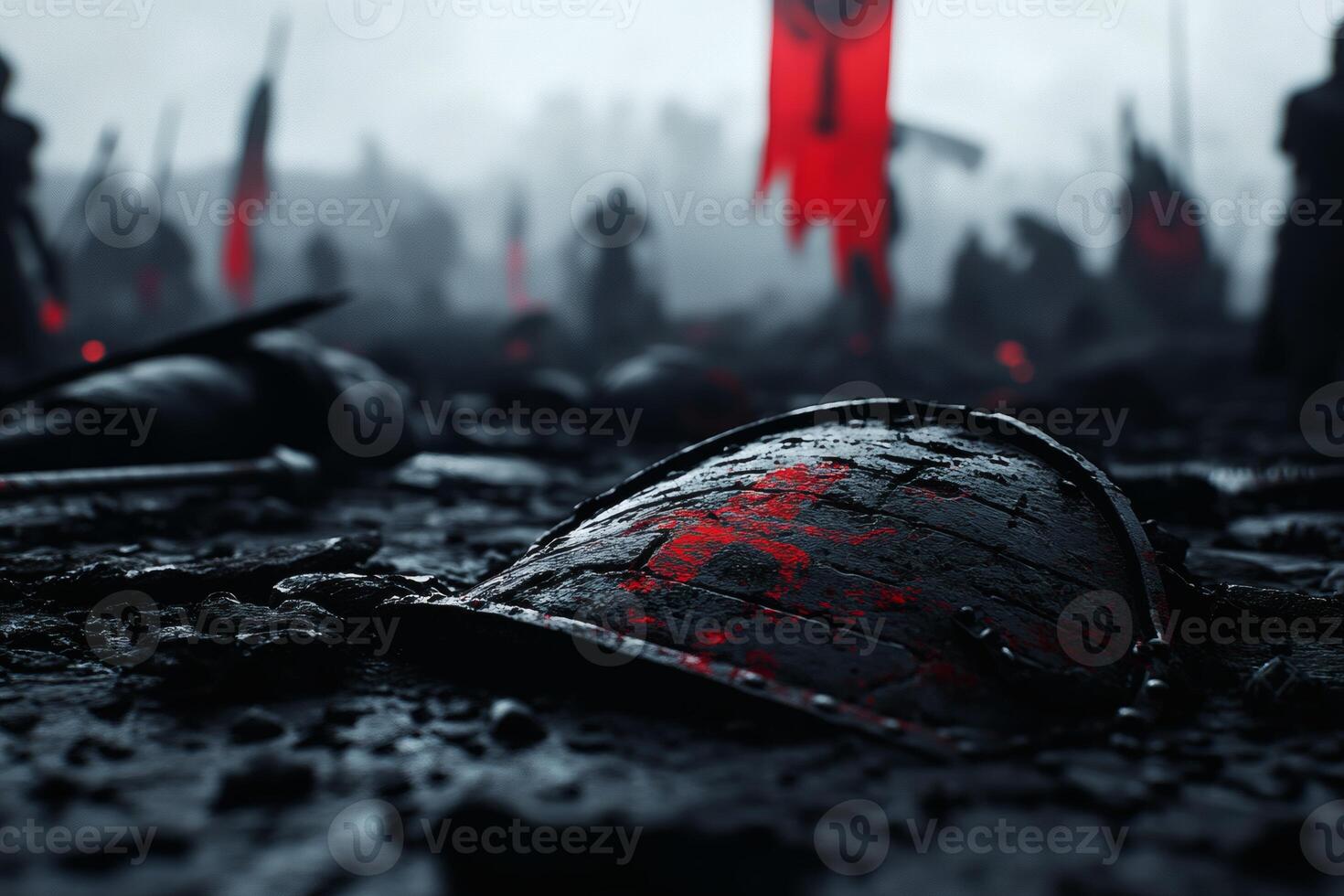 Dark shadows loom over a battlefield scattered with fallen shields and banners. photo
