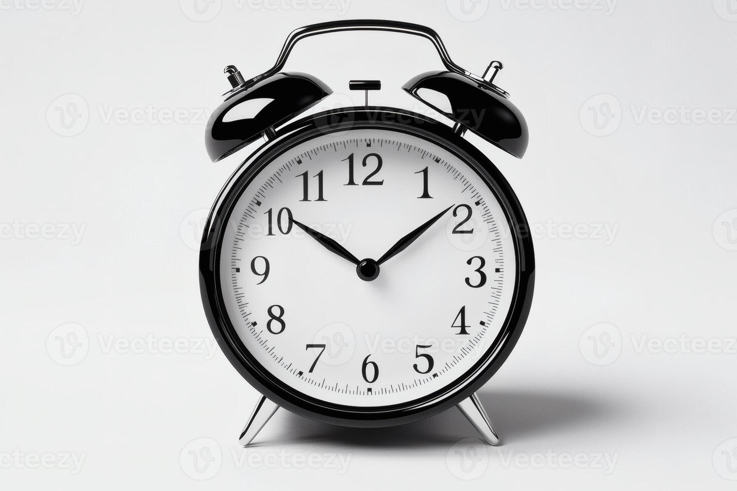 Classic black alarm clock showing time with distinctive bold hands and dial. photo
