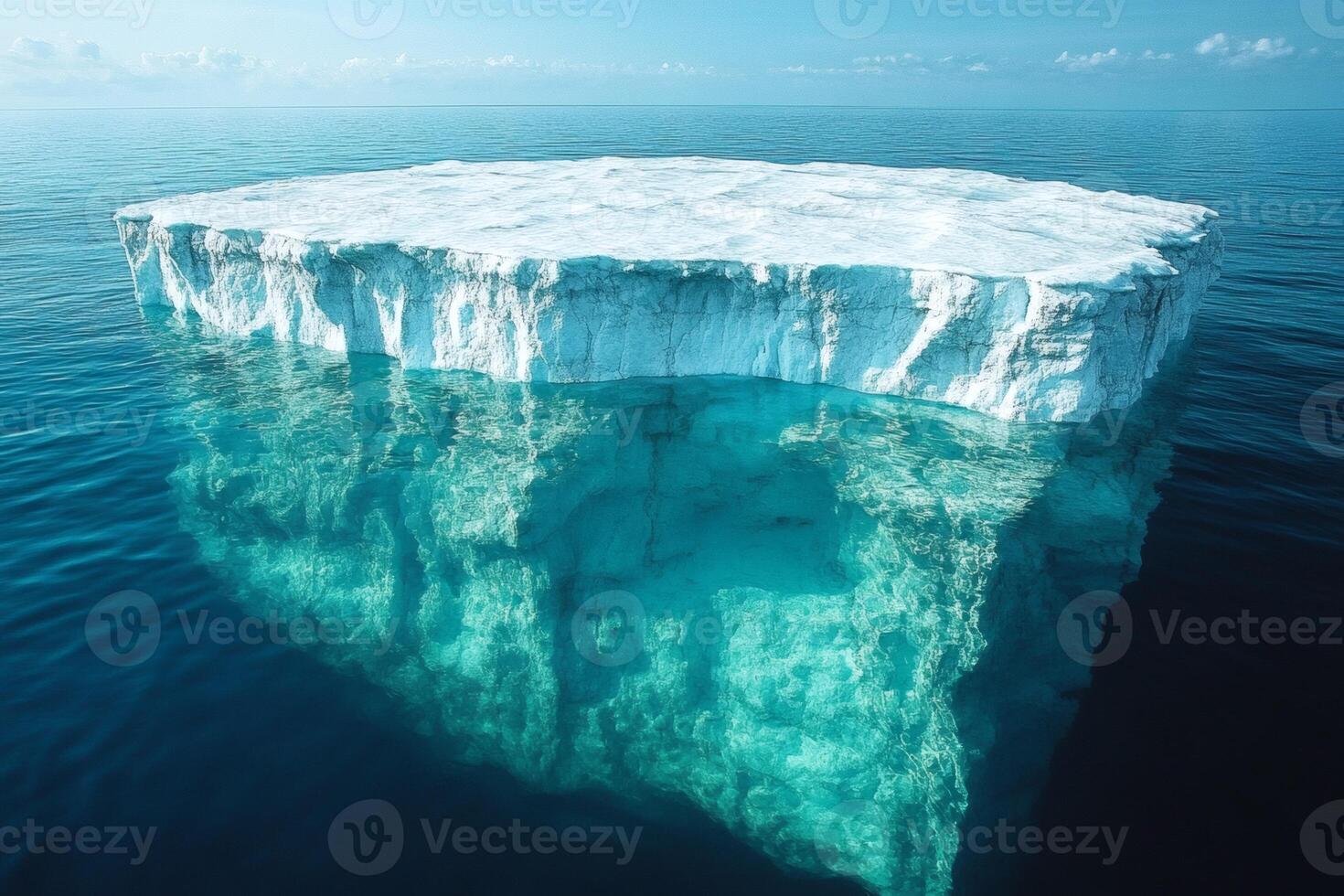 Majestic iceberg floats serenely in crystal clear arctic waters under bright sky. photo