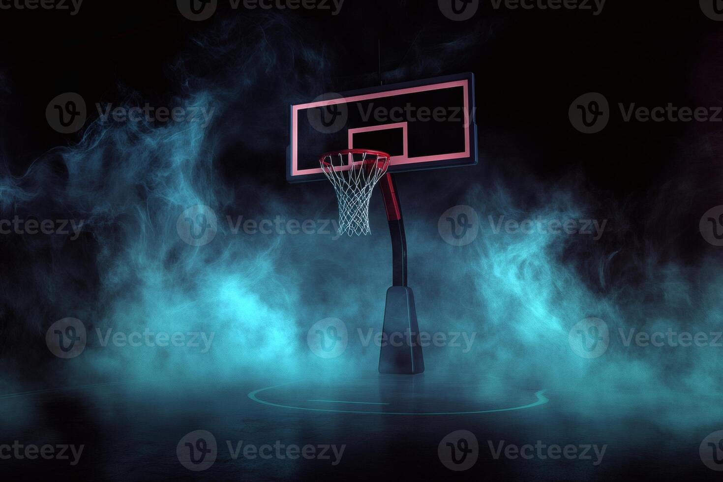 Basketball hoop shrouded in mysterious smoke during a night game event. photo