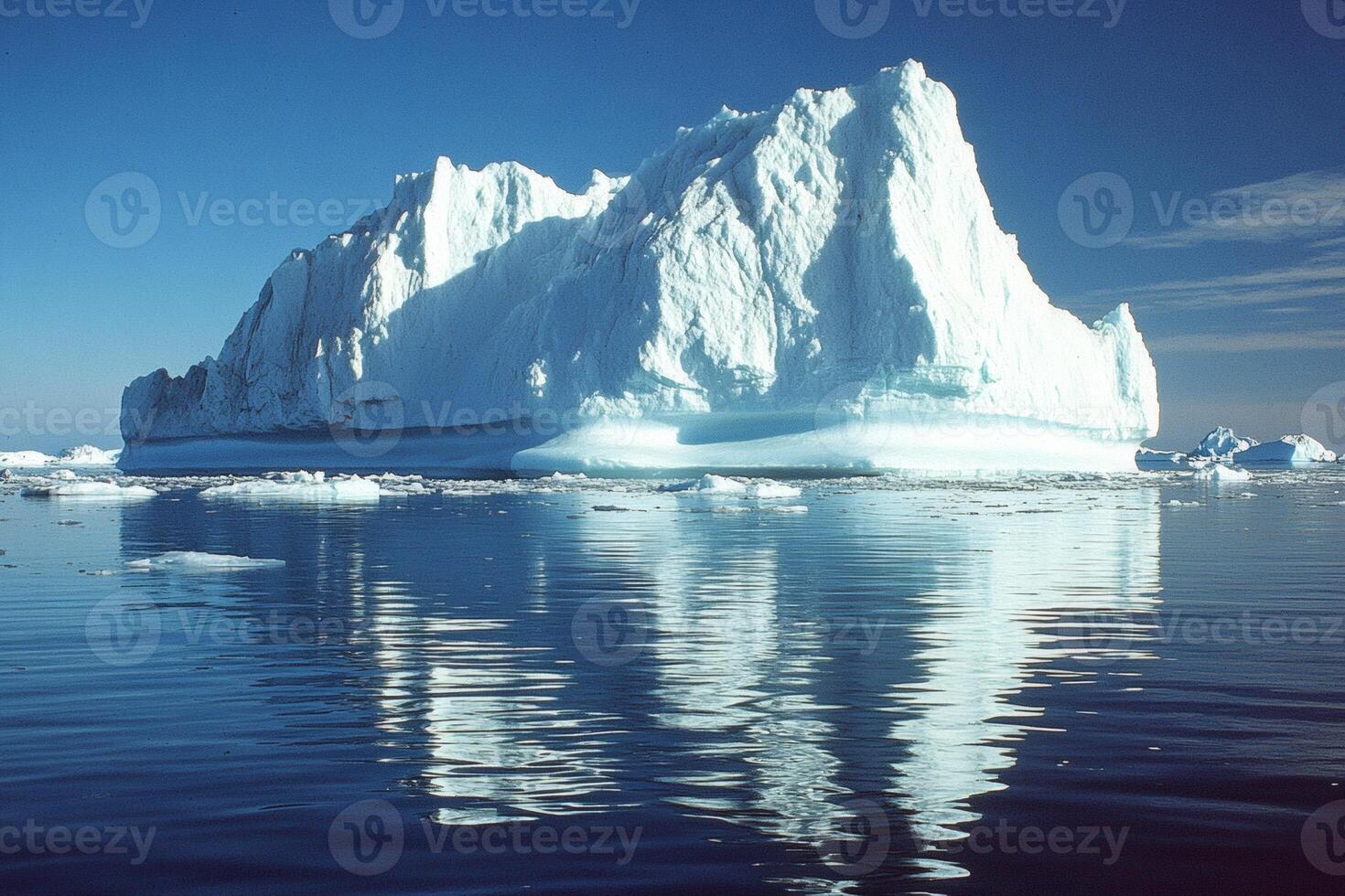 Majestic iceberg floats serenely in crystal-clear Arctic waters at dusk. photo