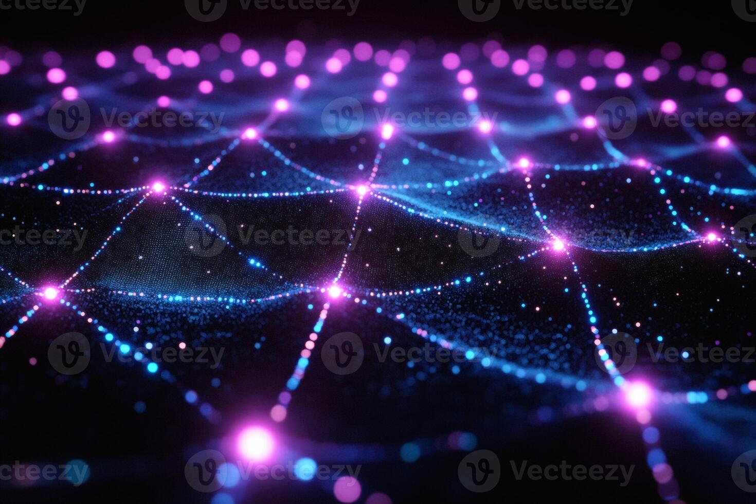 Vibrant cosmic network filled with luminous particles and waves at night. photo