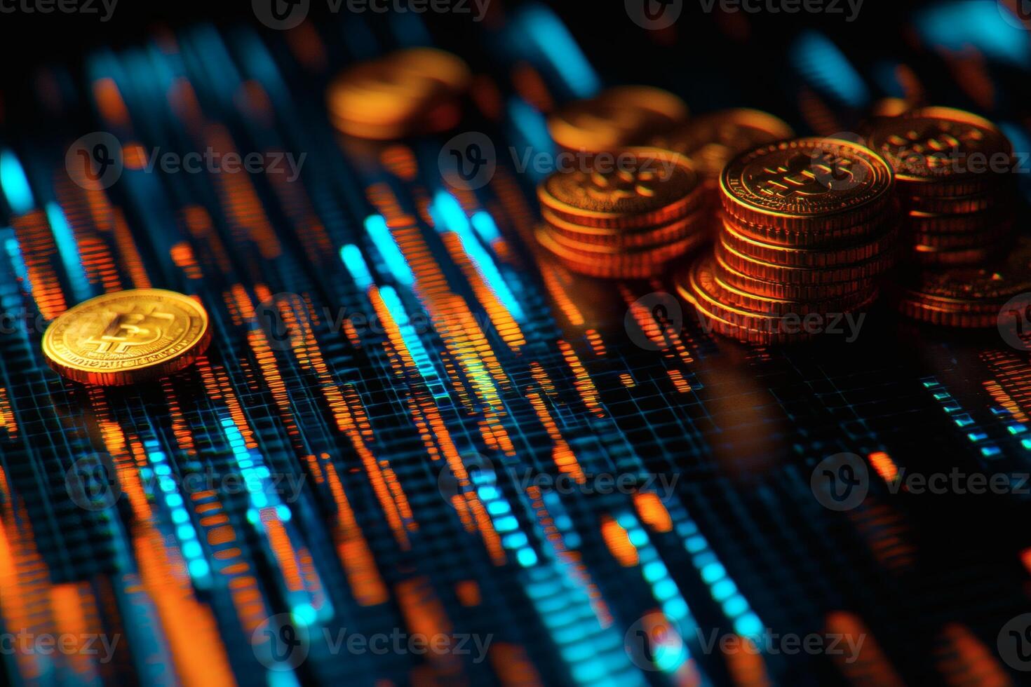 Coins shining bright on a vibrant digital backdrop of blockchain data streams. photo