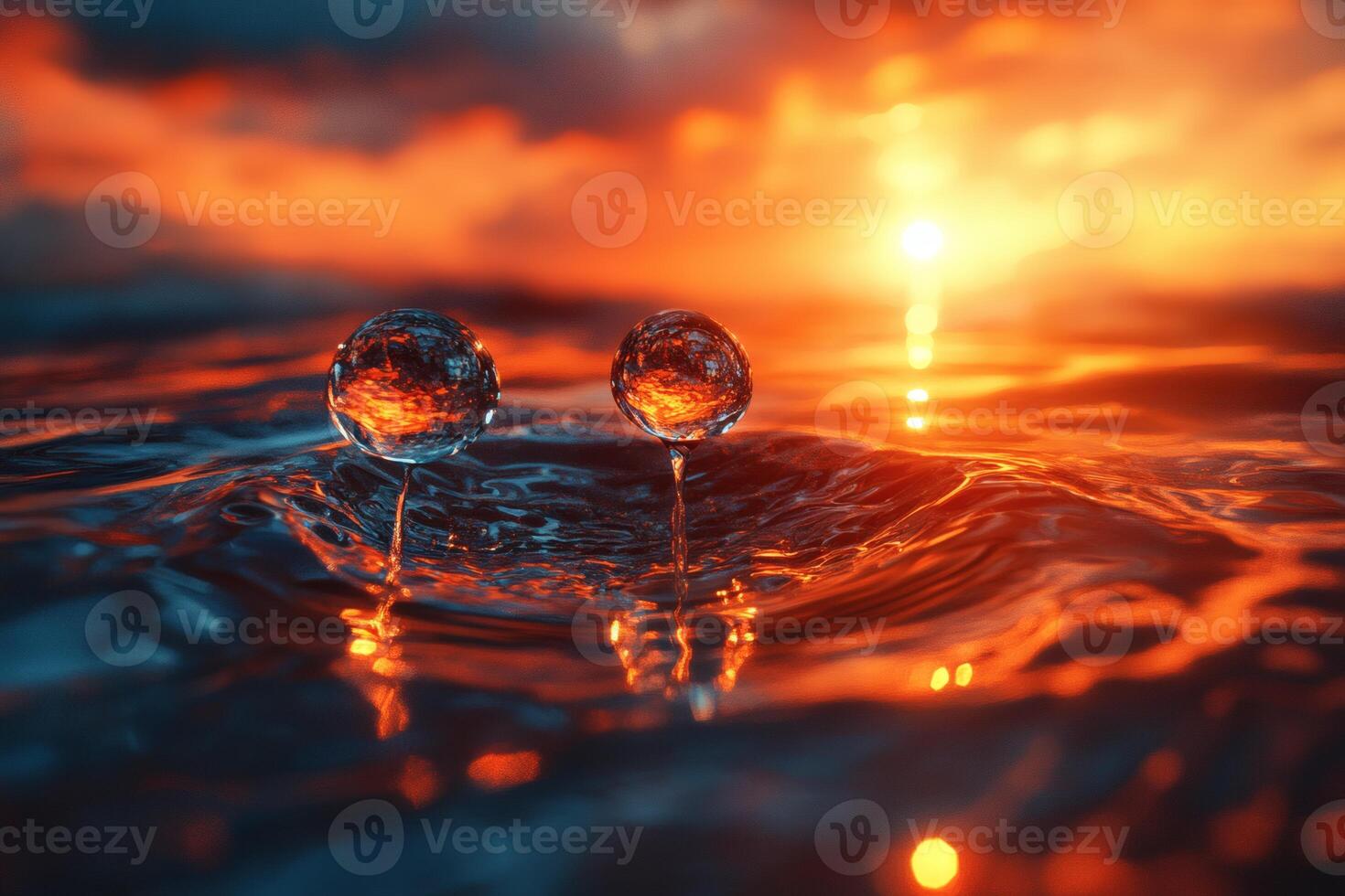 Droplets sparkle as the sun sets over calm waters on a tranquil evening. photo