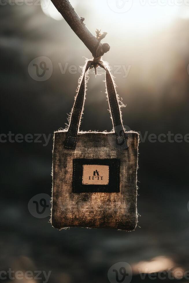 Hanging bag catches the gentle light in a serene forest setting. photo