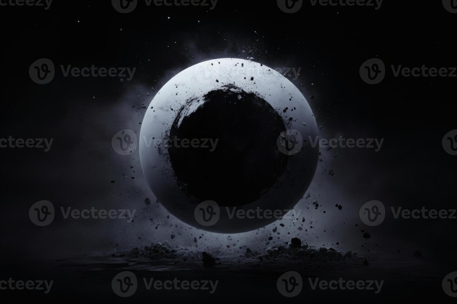 Mysterious celestial sphere surrounded by swirling cosmic dust at twilight. photo