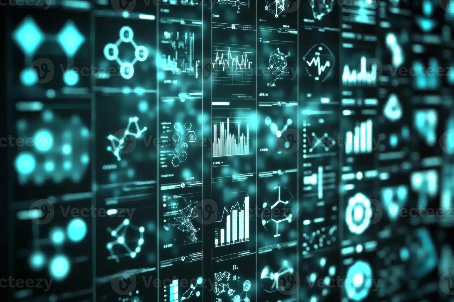 Visual data displays illuminate a futuristic analytical workspace. photo