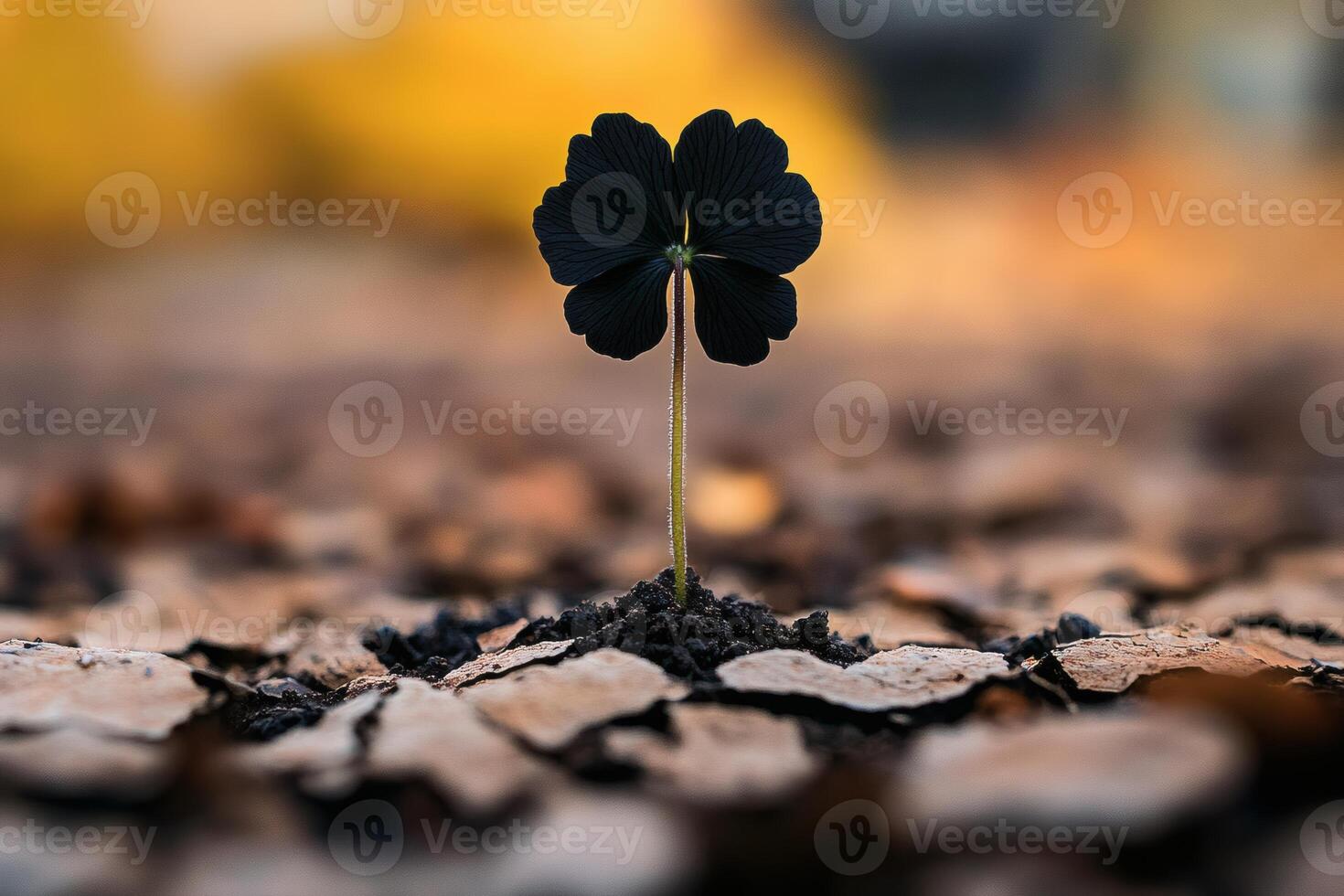 Unique black flower rises from cracked earth in an autumn landscape. photo