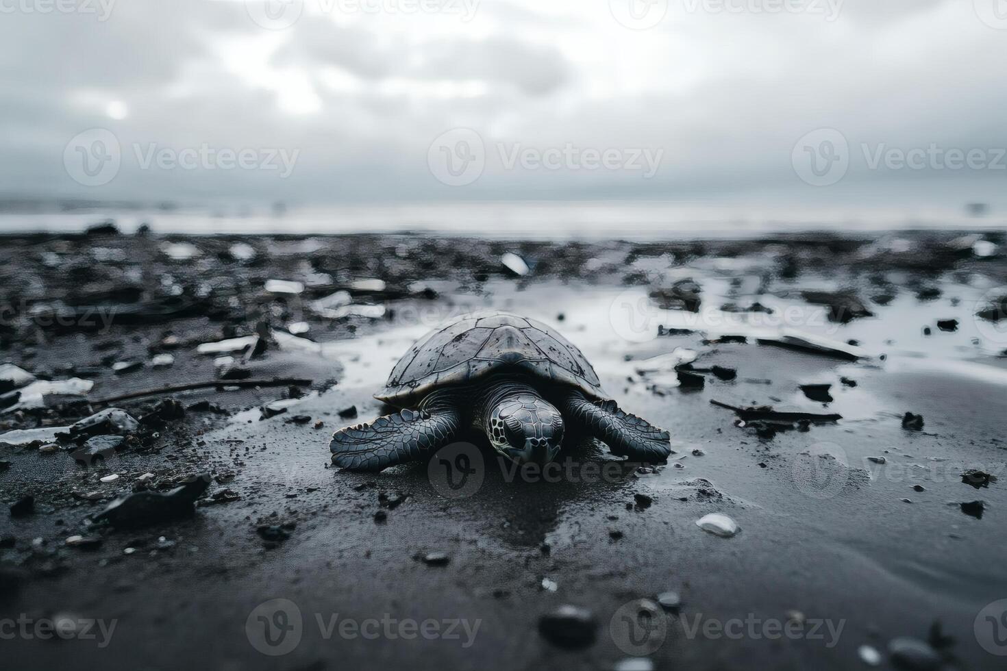 Sea Turtle Hatchling Crawling Towards the Ocean on a Cloudy Beach. photo