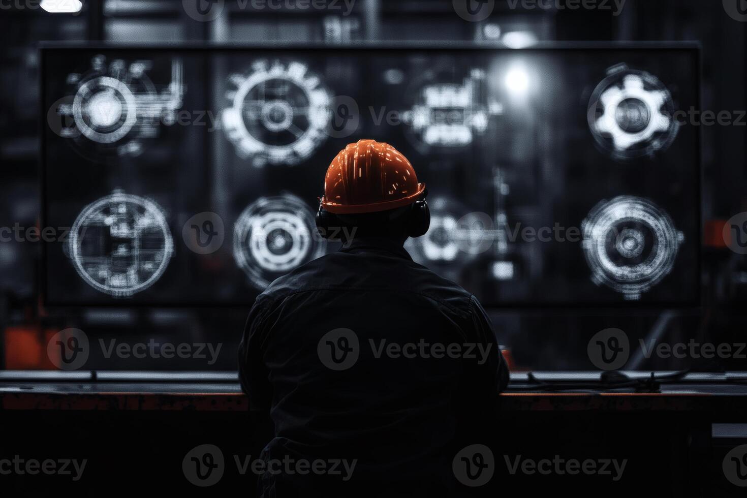 Worker Monitors Machinery Controls With Digital Display in Industrial Setting. photo