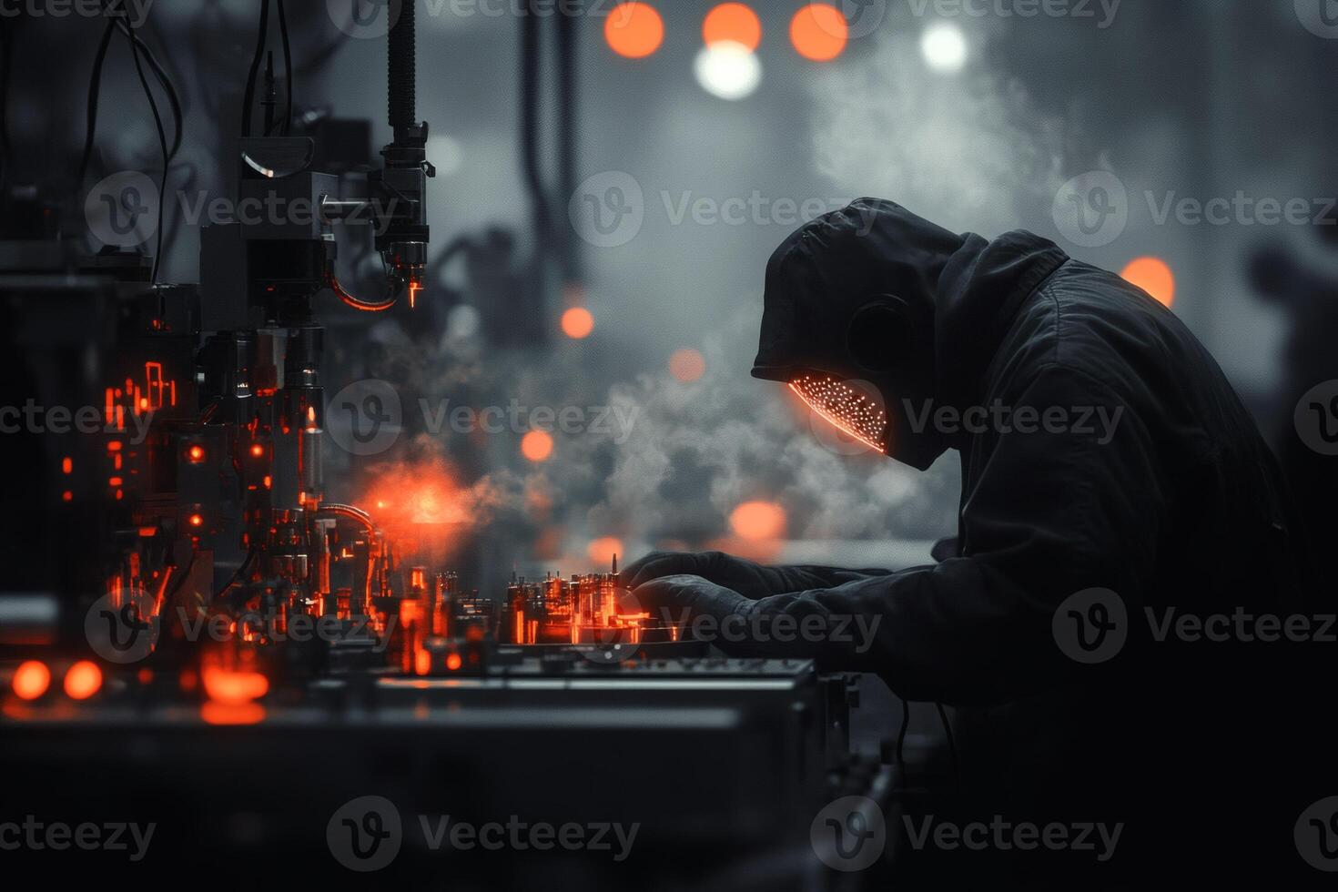 Worker Focused on Machinery in Dimly Lit Industrial Environment. photo
