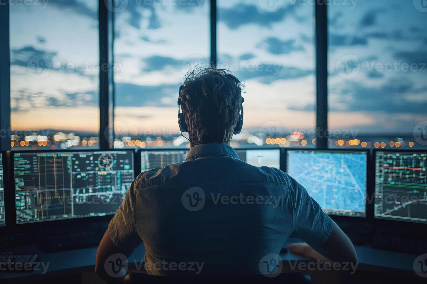 Air Traffic Controller Monitors Multiple Screens During Sunset at Control Tower. photo