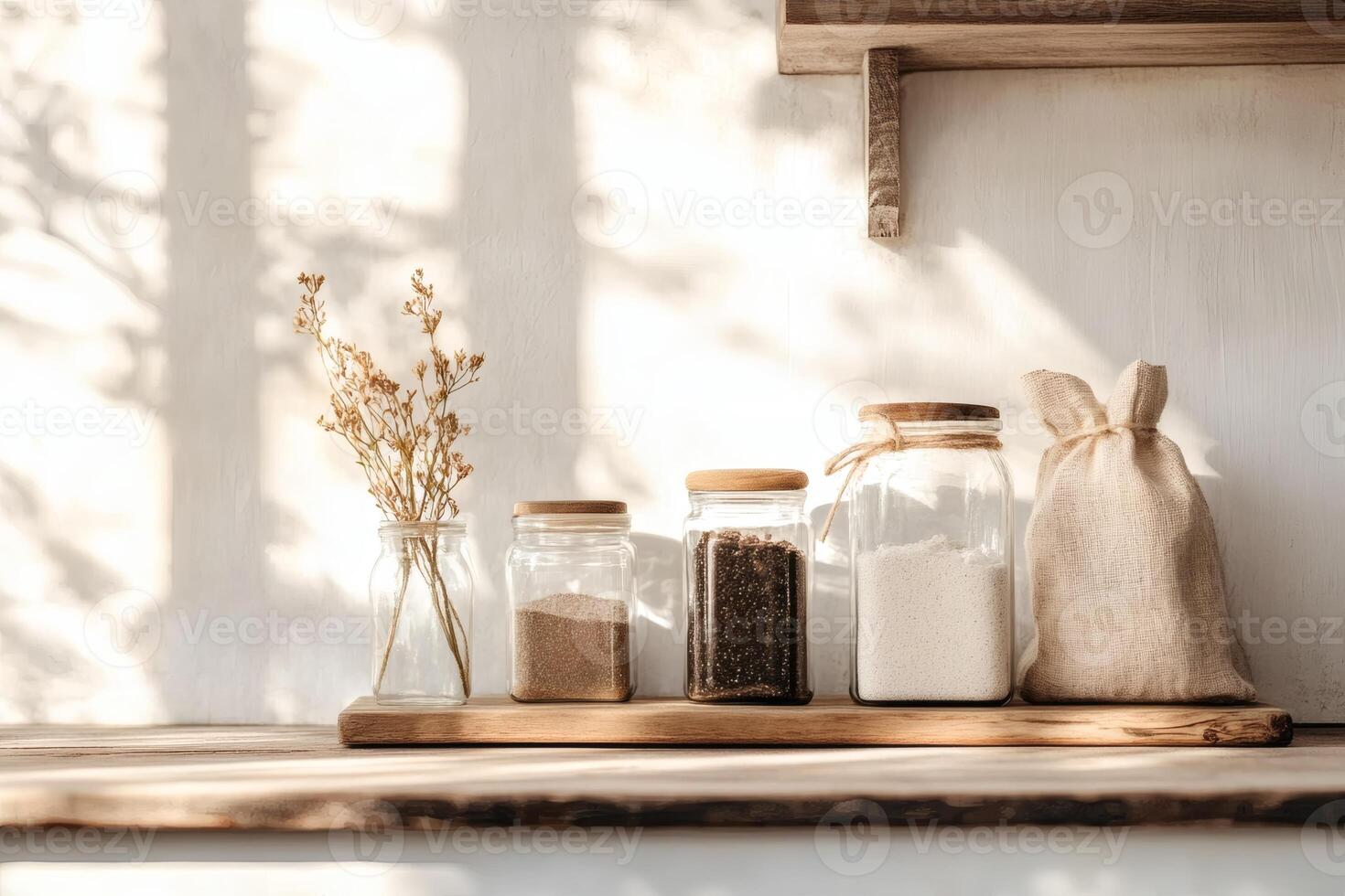 Glass Jars With Natural Ingredients and Dried Flowers on Wooden Shelf. photo