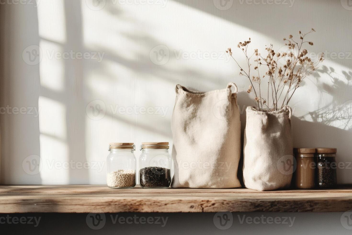 Natural Materials Displayed on a Wooden Shelf in a Bright Indoor Space. photo