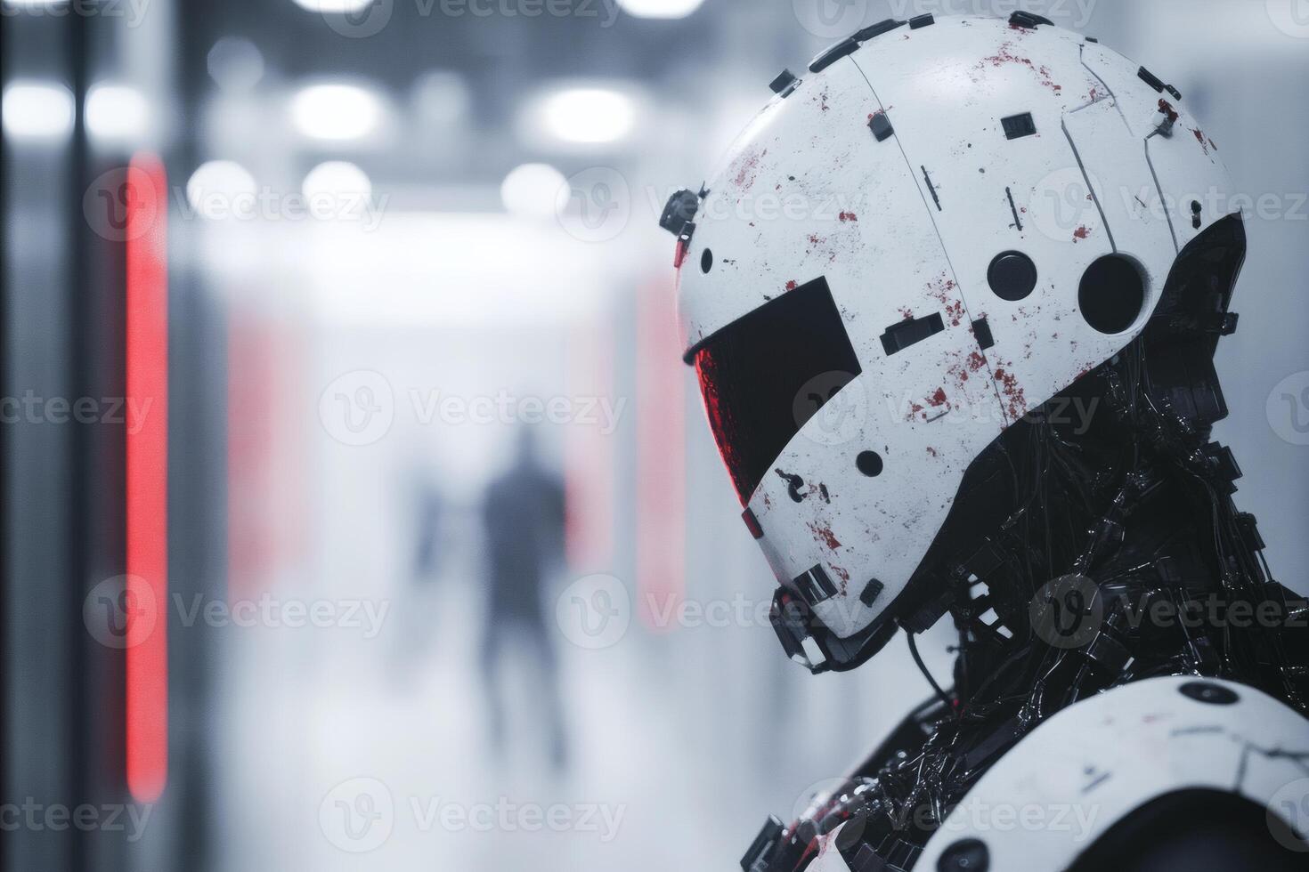 Robotic Figure in a Futuristic Corridor With Shadowy Figures in the Background. photo