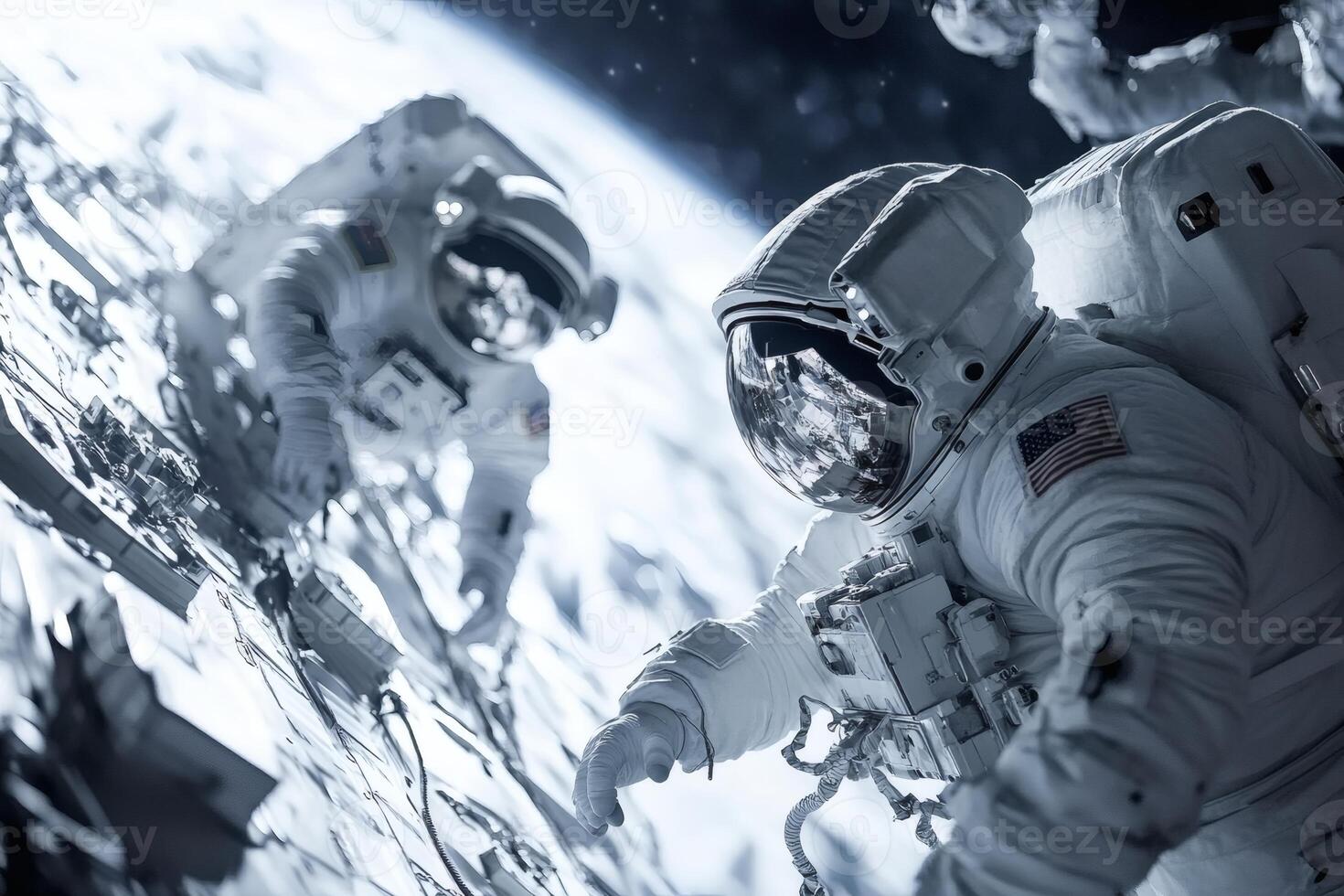 Astronauts Conducting Spacewalk While Exploring the Surface of a Distant Planet. photo