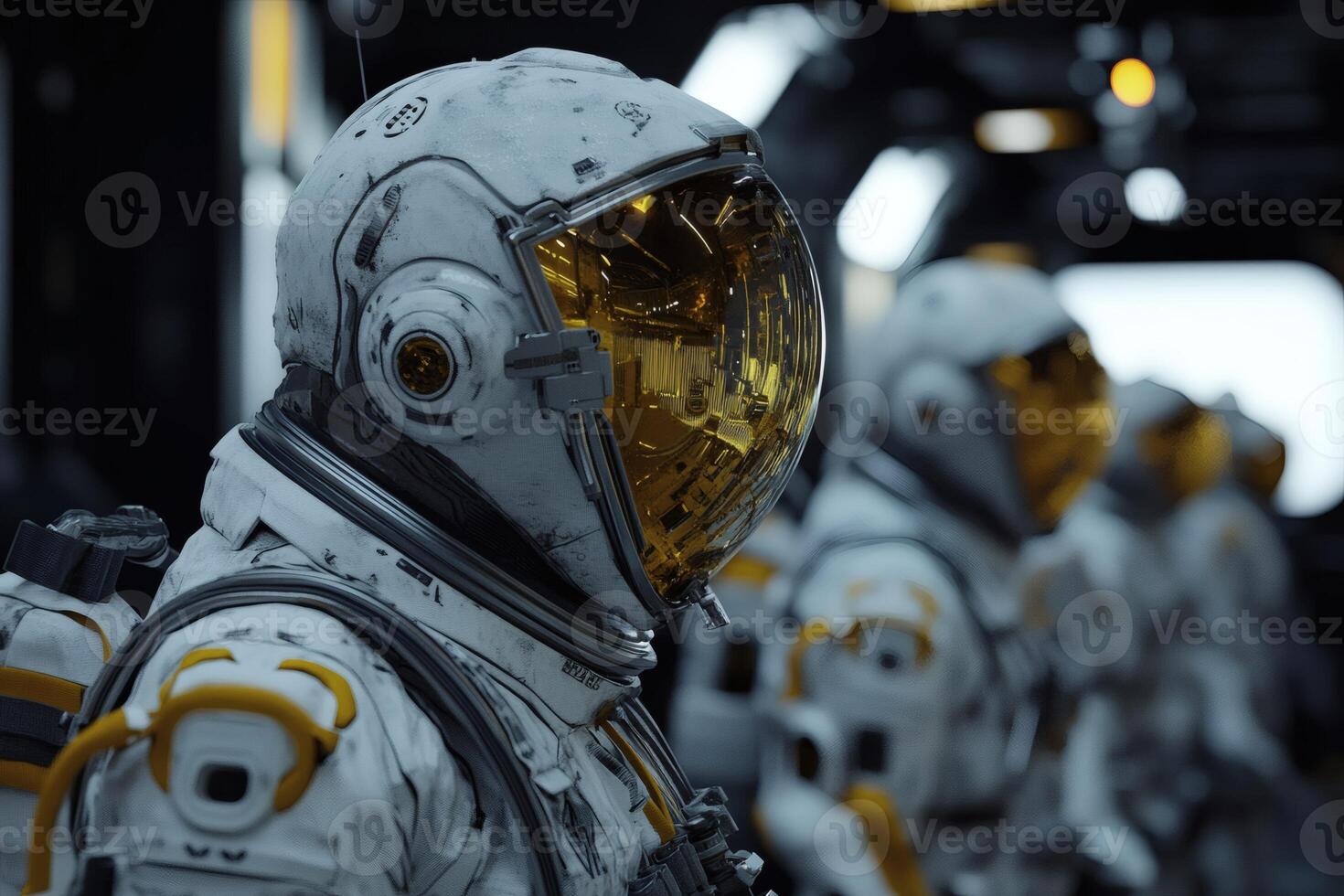 Astronauts Prepare for a Mission Inside a Futuristic Spacecraft Facility. photo