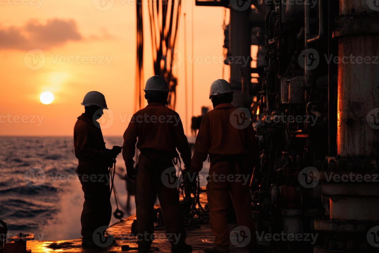 Workers Prepare for Evening Operations on an Offshore Platform During Sunset. photo