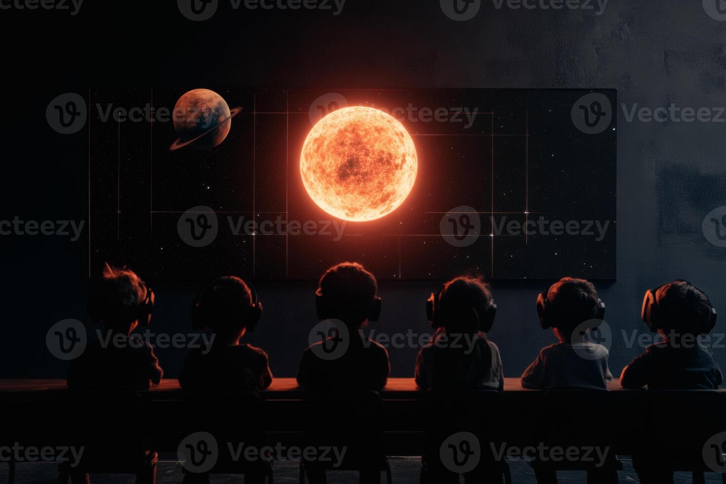 Children Captivated by a Virtual Solar System Display in an Educational Setting. photo