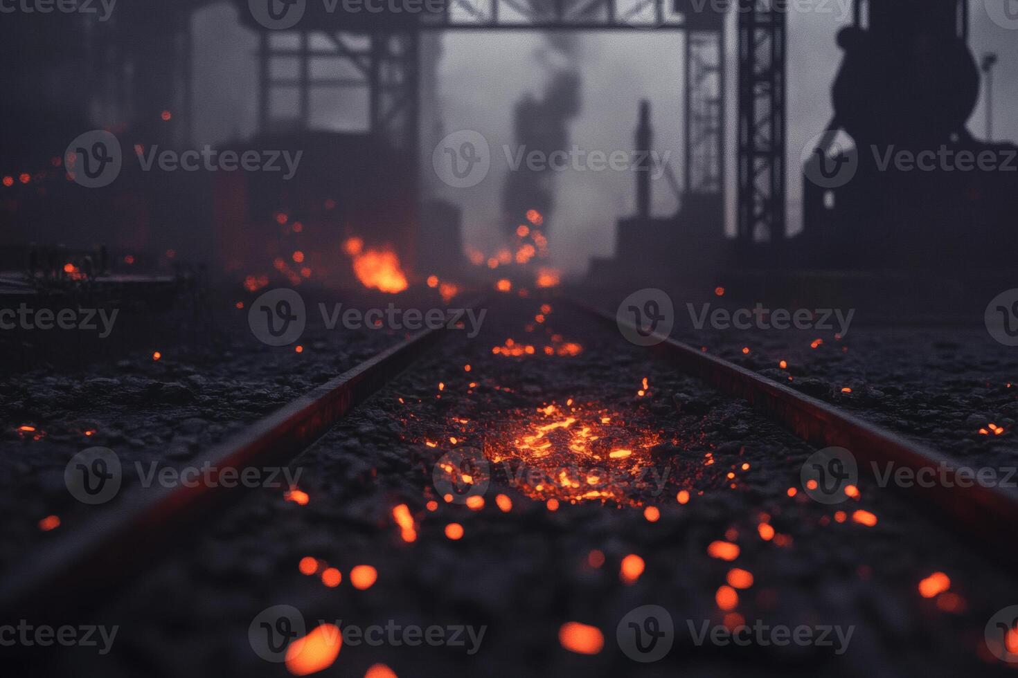 Industrial Landscape With Glowing Embers and Railway Tracks at Dawn. photo