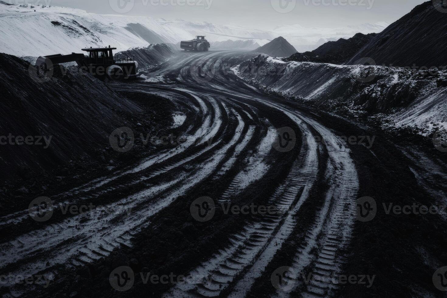 Heavy Machinery Operates in Coal Mine During Overcast Weather Conditions. photo