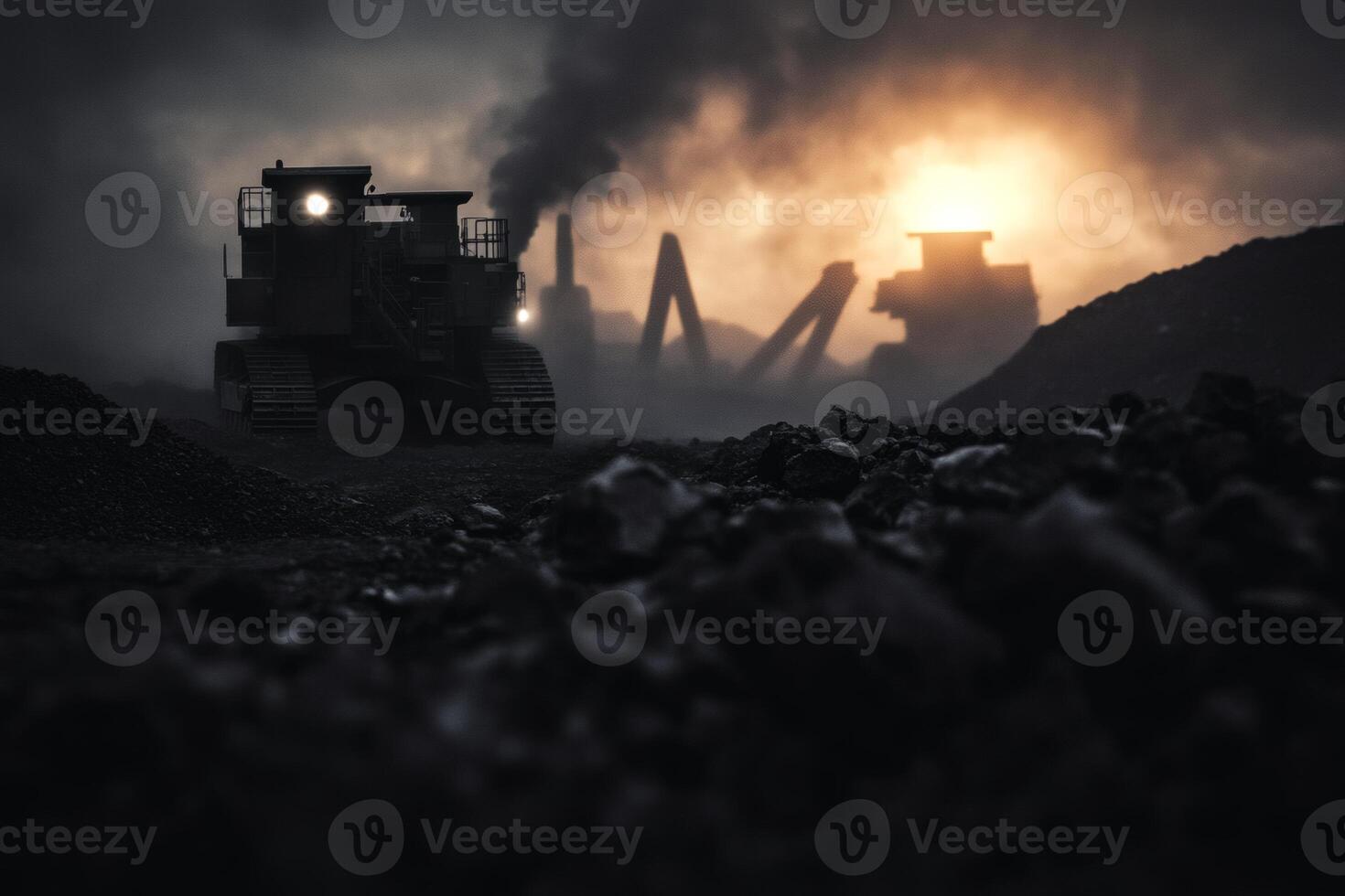 Machinery Works at Sunset in a Coal Mining Site Creating Dark Silhouettes. photo
