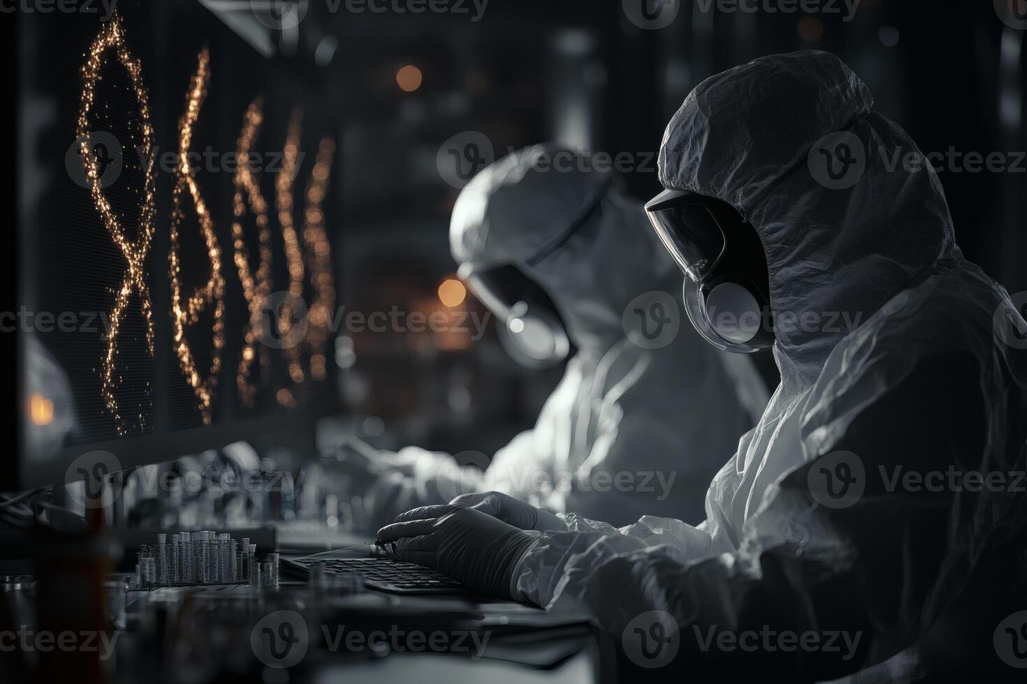 Scientists in Protective Gear Analyzing Data on Large Screens at Night. photo