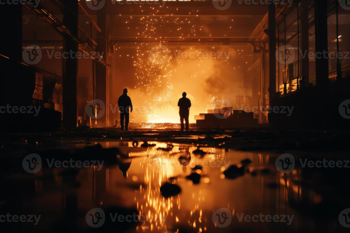 Workers Observe Molten Metal Pouring in an Industrial Setting at Dusk. photo