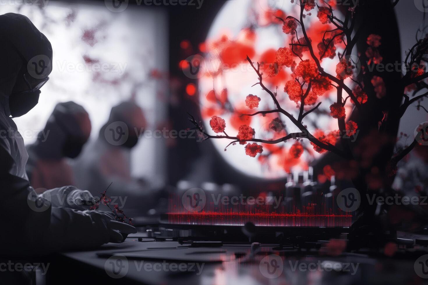 Laboratory Research Involving Scientists and a Striking Red Flower Display. photo